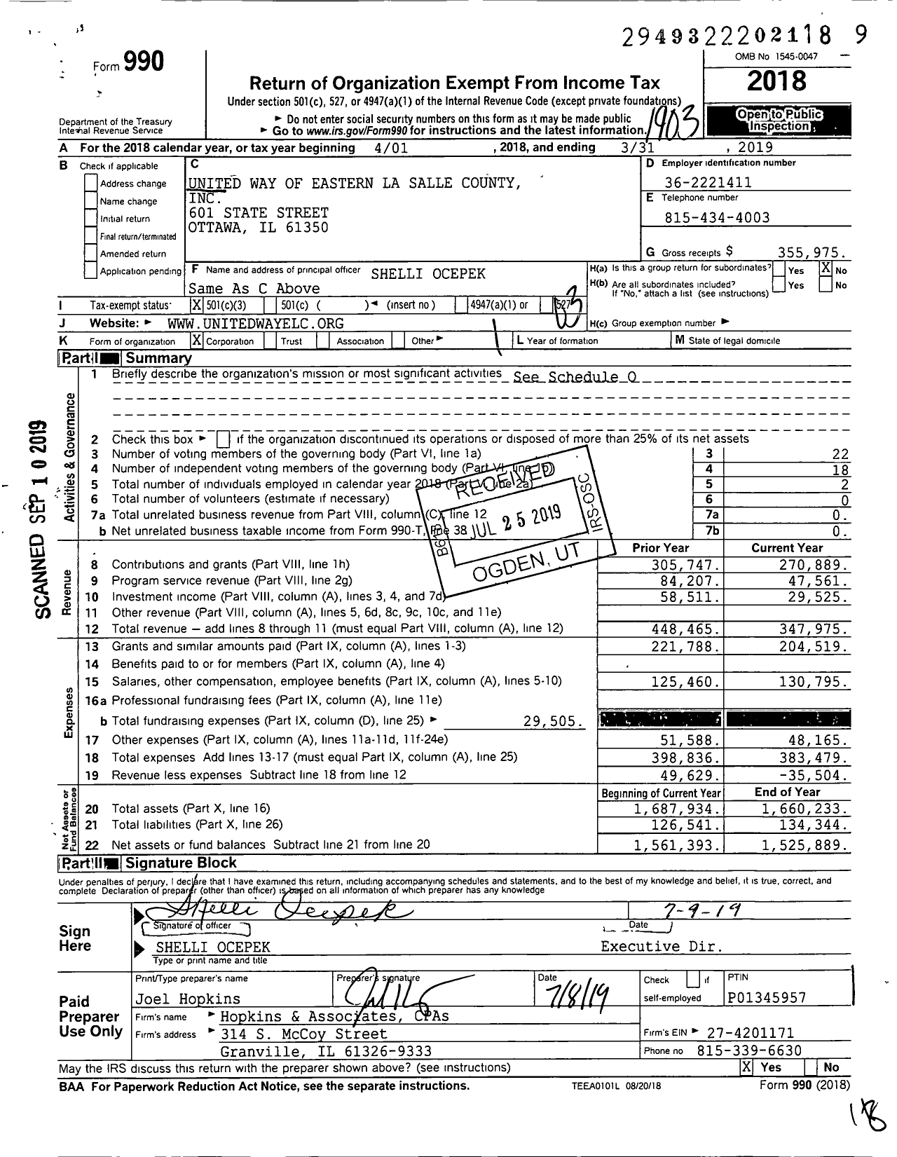 Image of first page of 2018 Form 990 for United Way of Eastern La Salle County