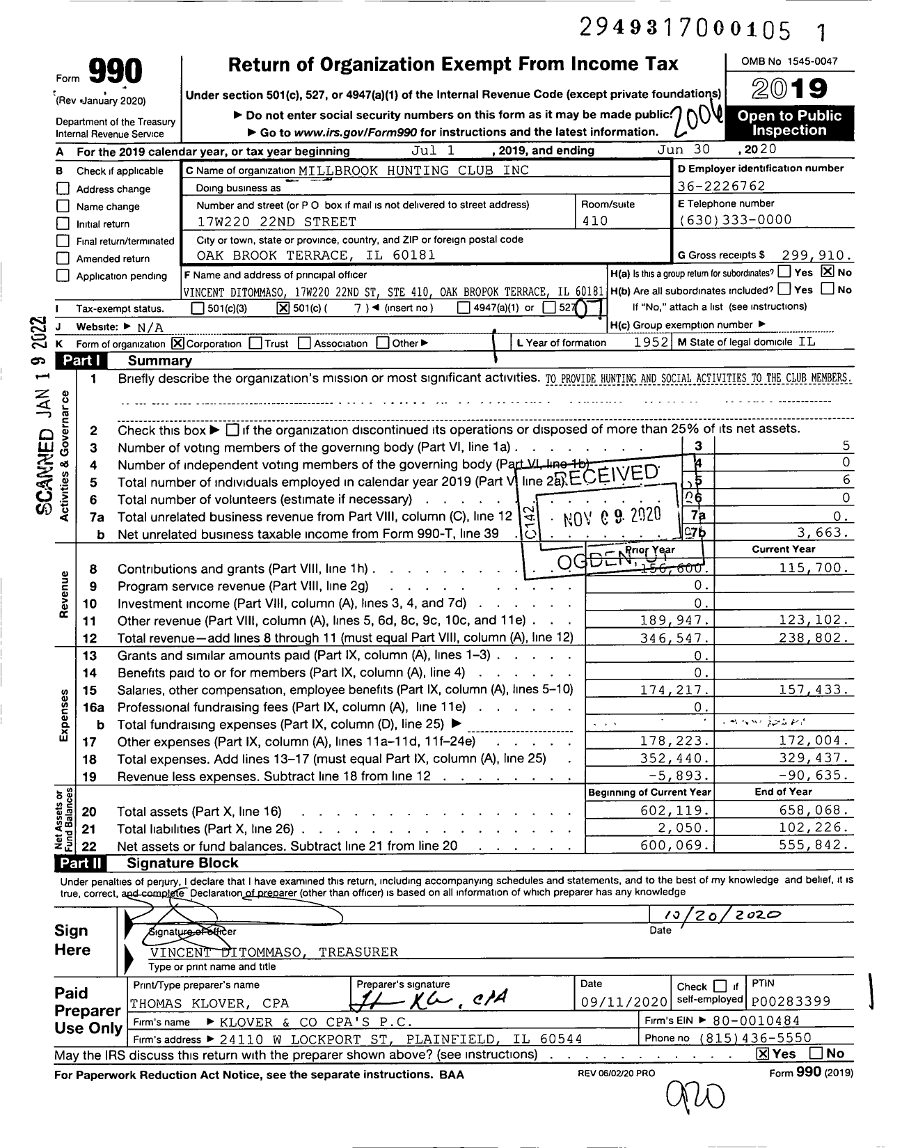 Image of first page of 2019 Form 990O for Millbrook Hunting Club