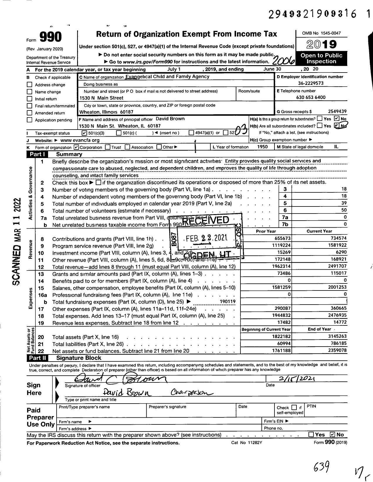 Image of first page of 2019 Form 990 for Evangelical Child and Family Agency (ECFA)