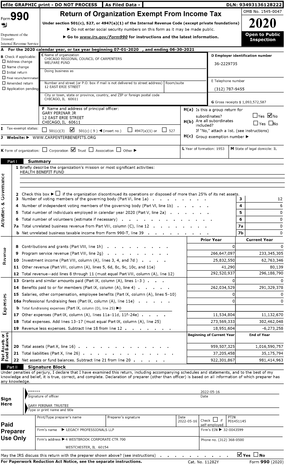 Image of first page of 2020 Form 990O for Mid-America Carpenters Regional Council Health Fund