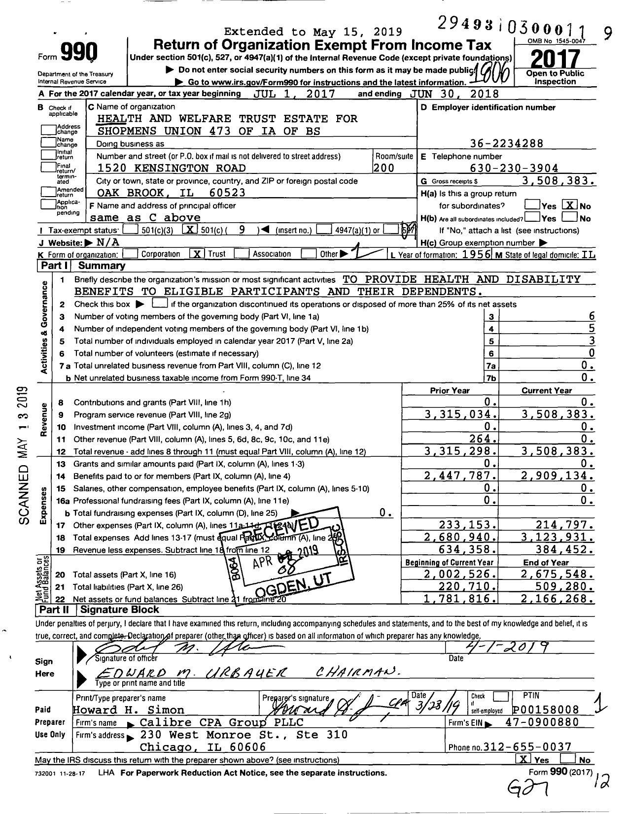 Image of first page of 2017 Form 990O for Iron Workers Midwest Region Health and Welfare Plan