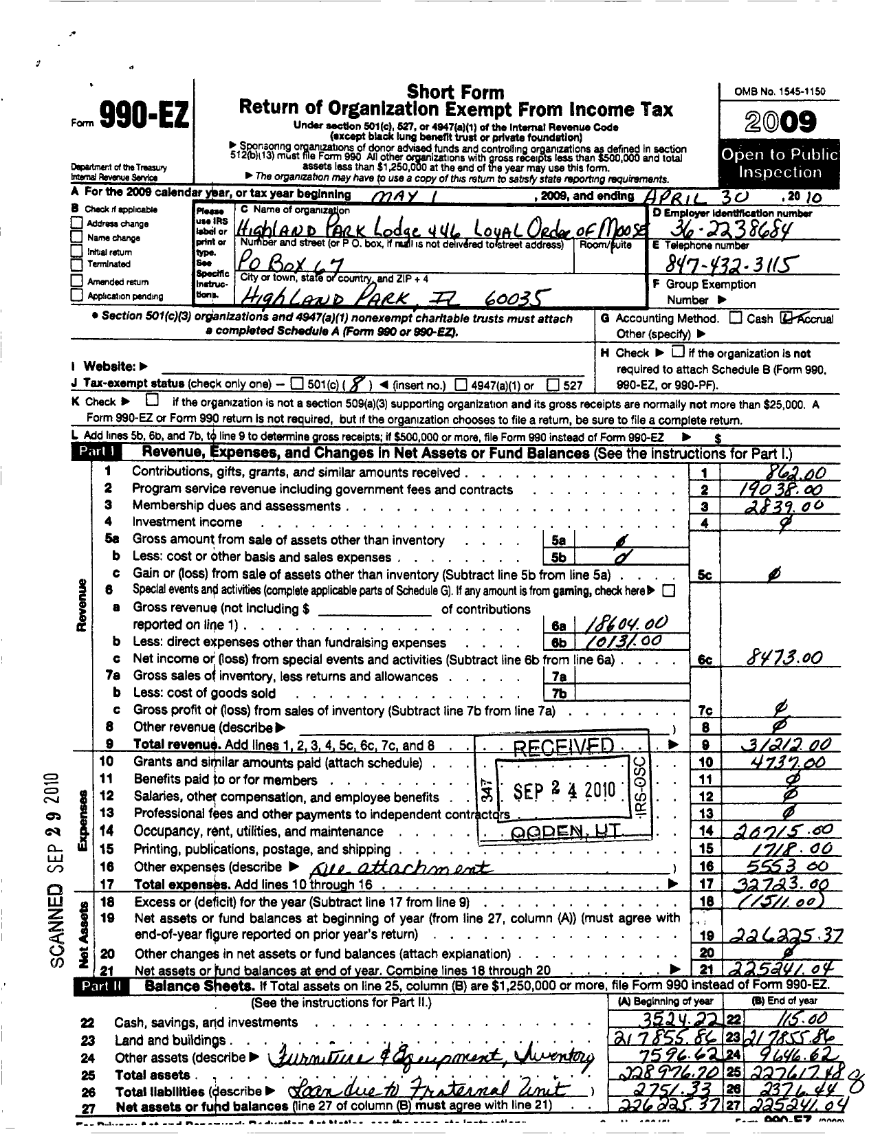 Image of first page of 2009 Form 990EO for Highland Park Lodge No 446 Loyal Order of Moose