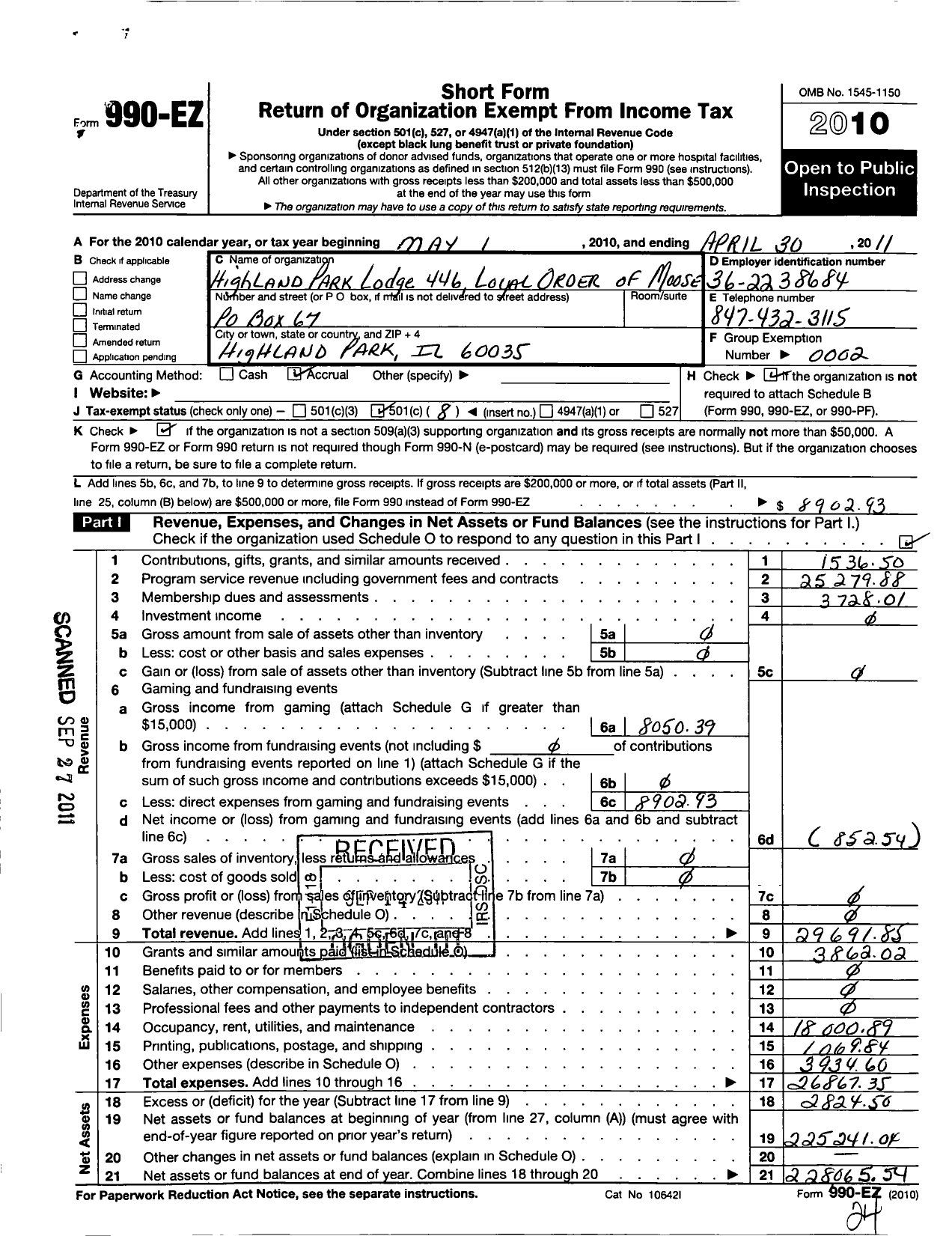 Image of first page of 2010 Form 990EO for Highland Park Lodge No 446 Loyal Order of Moose