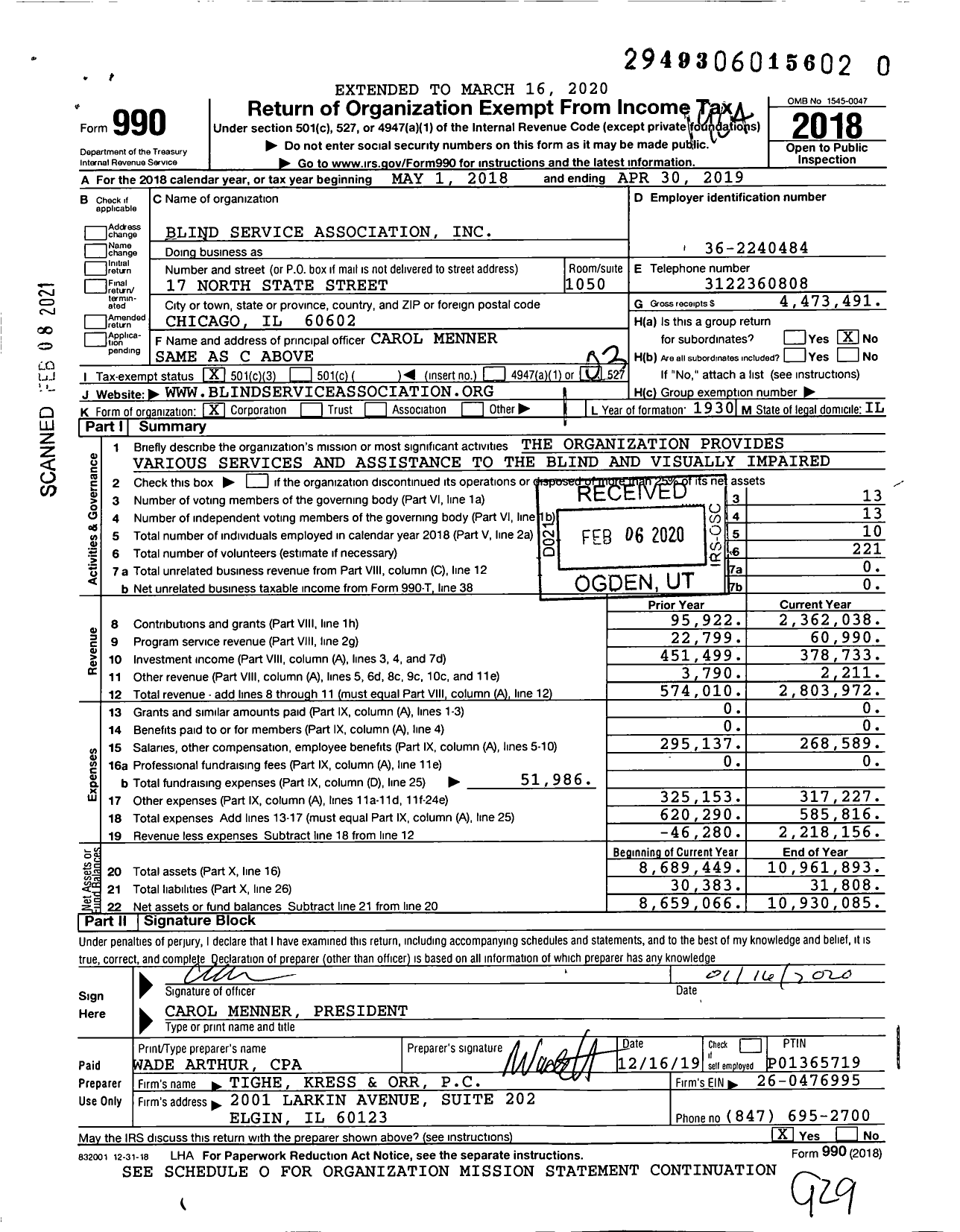 Image of first page of 2018 Form 990 for Blind Service Association