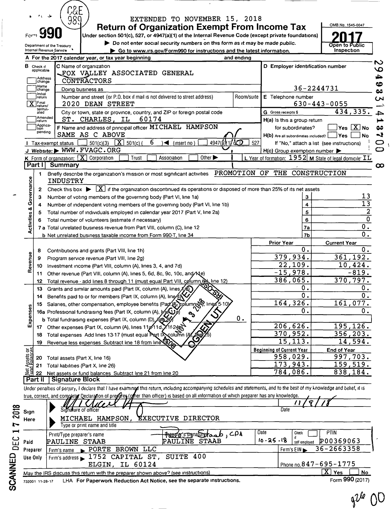 Image of first page of 2017 Form 990O for Fox Valley Associated General Contractors