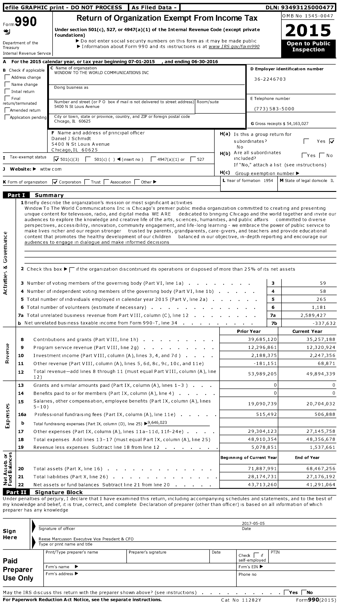 Image of first page of 2015 Form 990 for Window To the World Communications (WTTW)