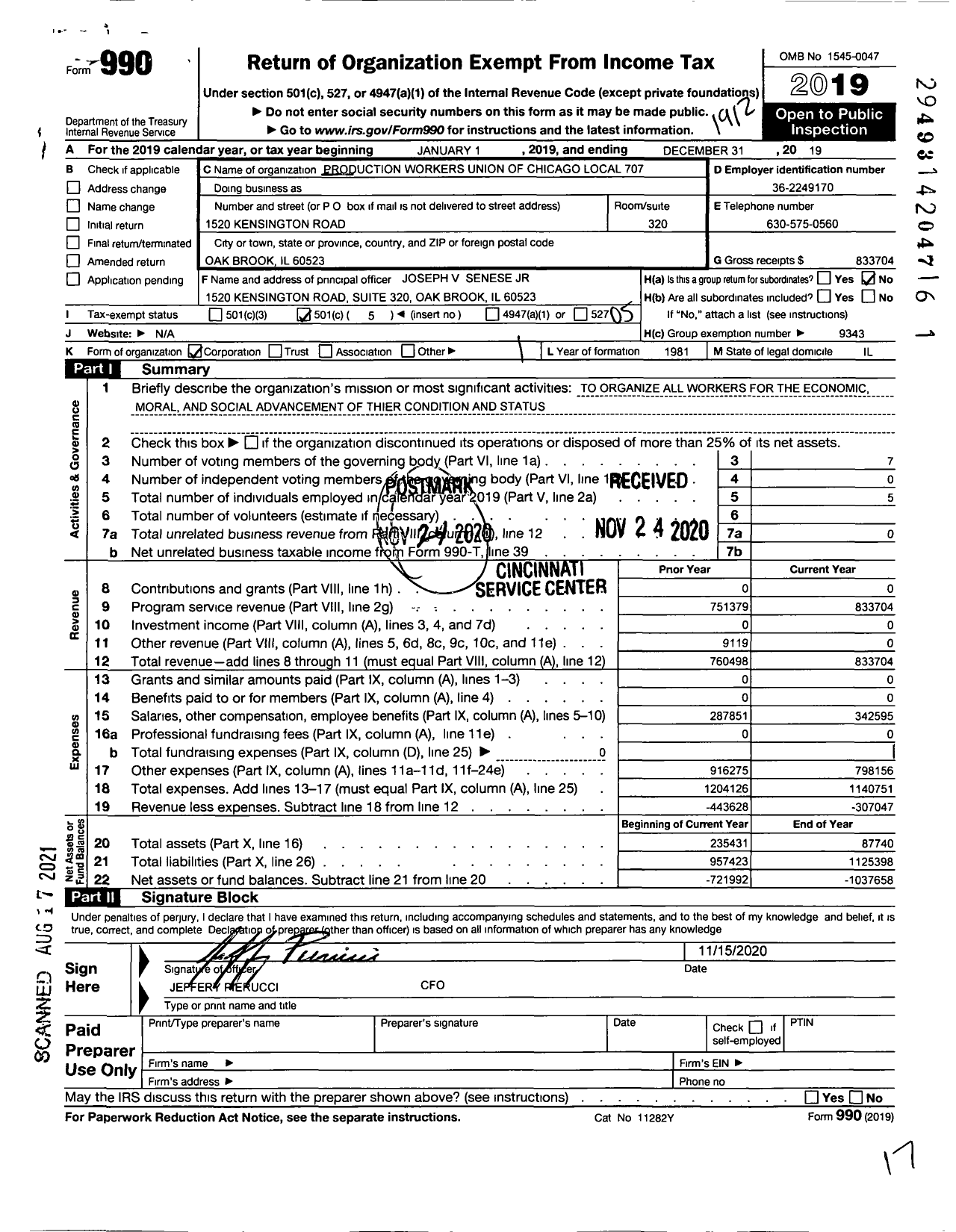 Image of first page of 2019 Form 990O for Production Workers Union of Chicago Local 707 (NPWU)