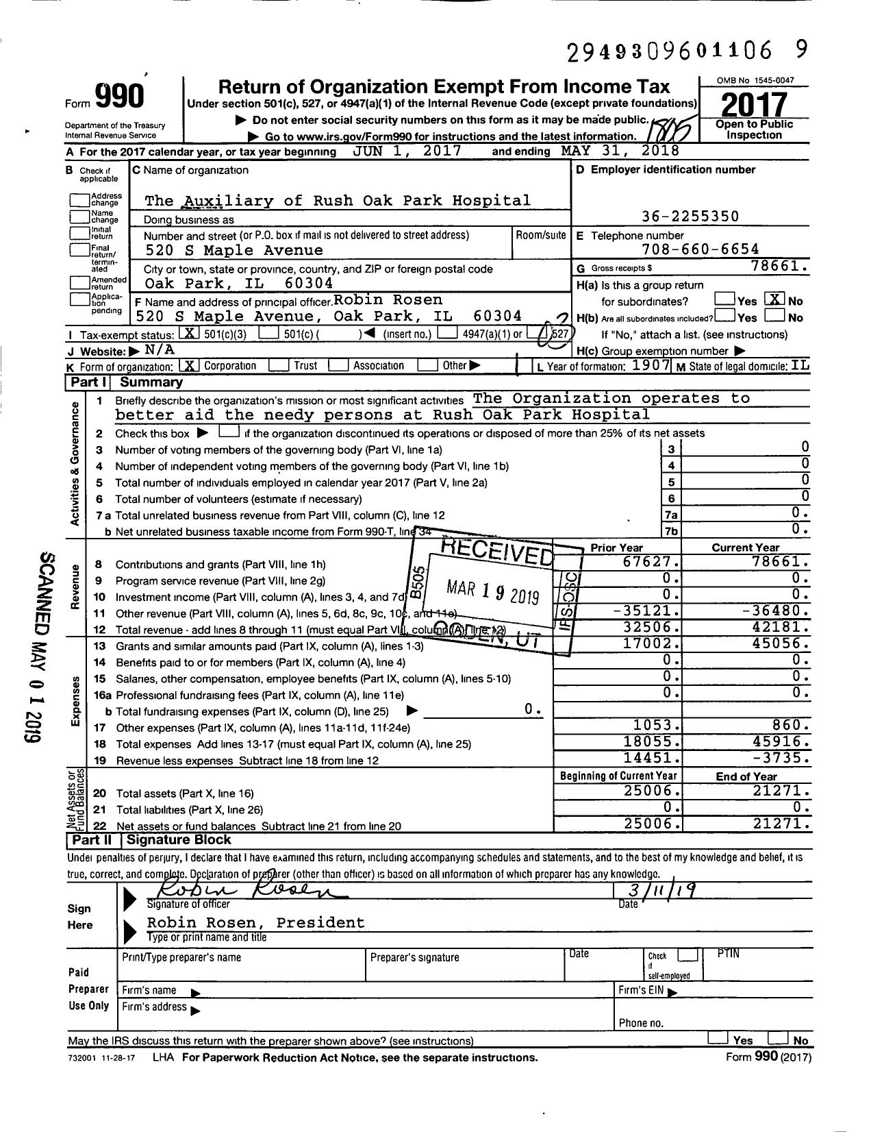 Image of first page of 2017 Form 990 for The Auxiliary of Rush Oak Park Hospital
