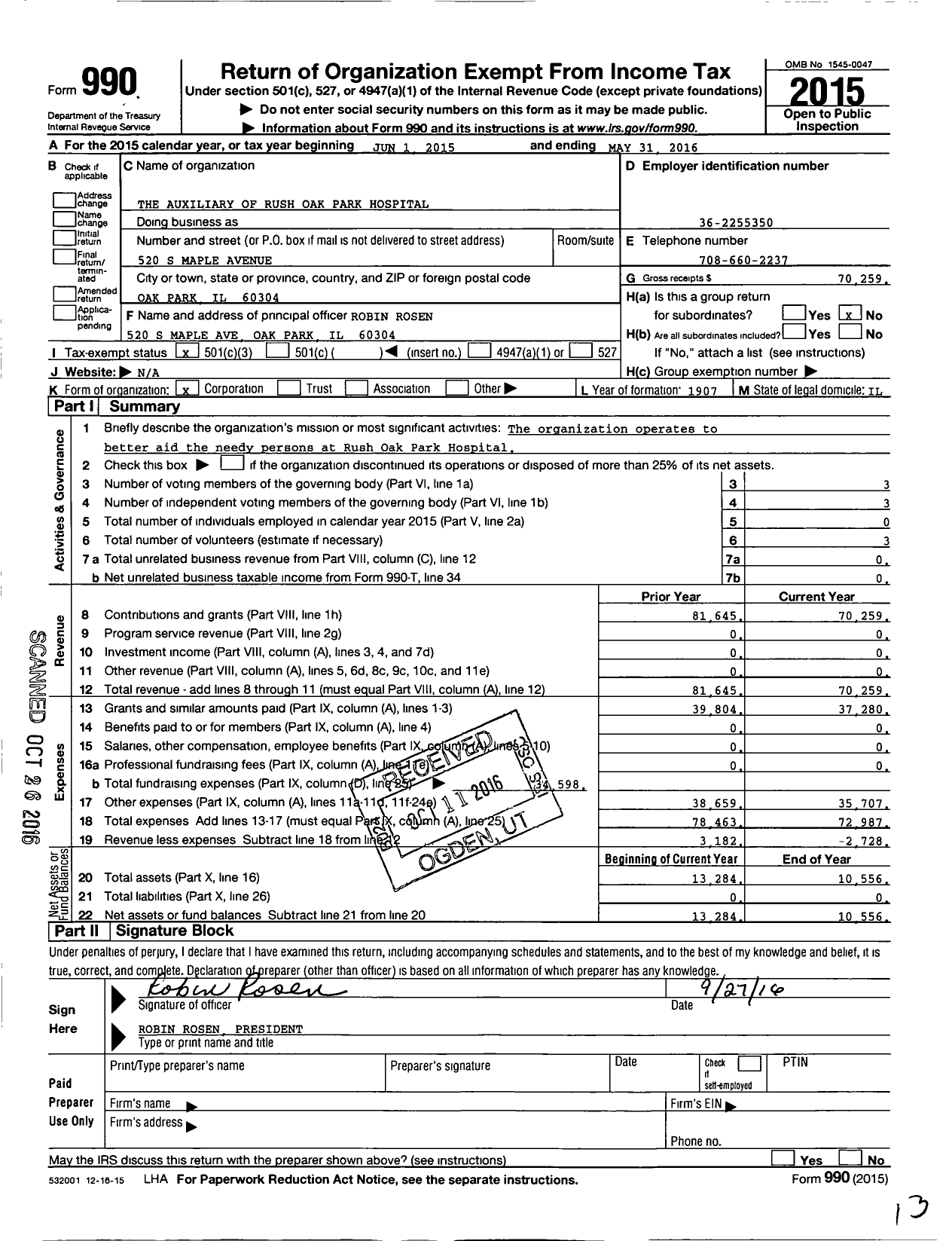 Image of first page of 2015 Form 990 for The Auxiliary of Rush Oak Park Hospital