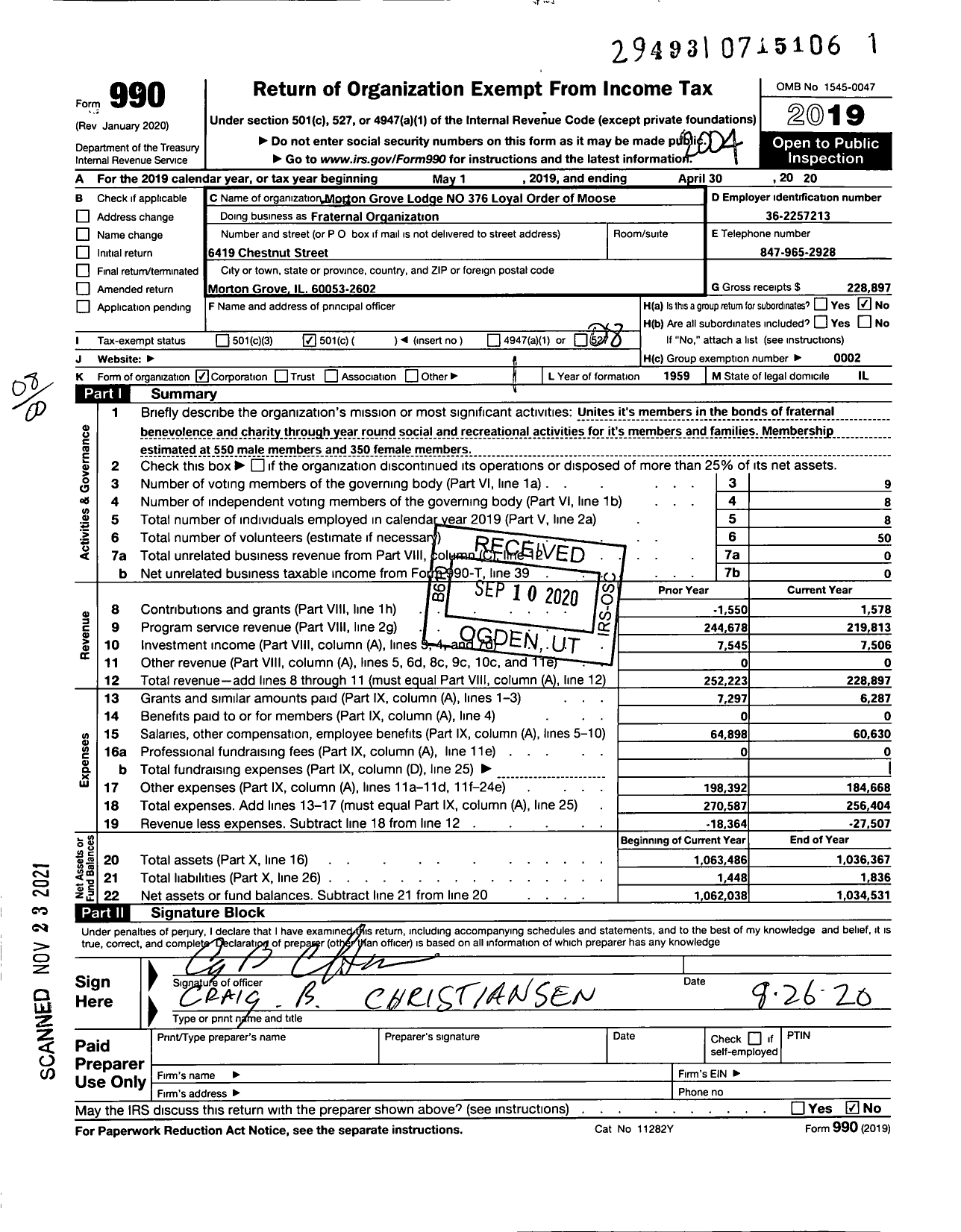 Image of first page of 2019 Form 990O for Loyal Order of Moose - 376