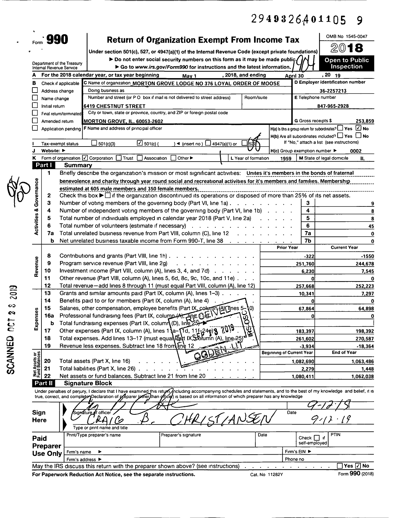 Image of first page of 2018 Form 990O for Loyal Order of Moose - 376