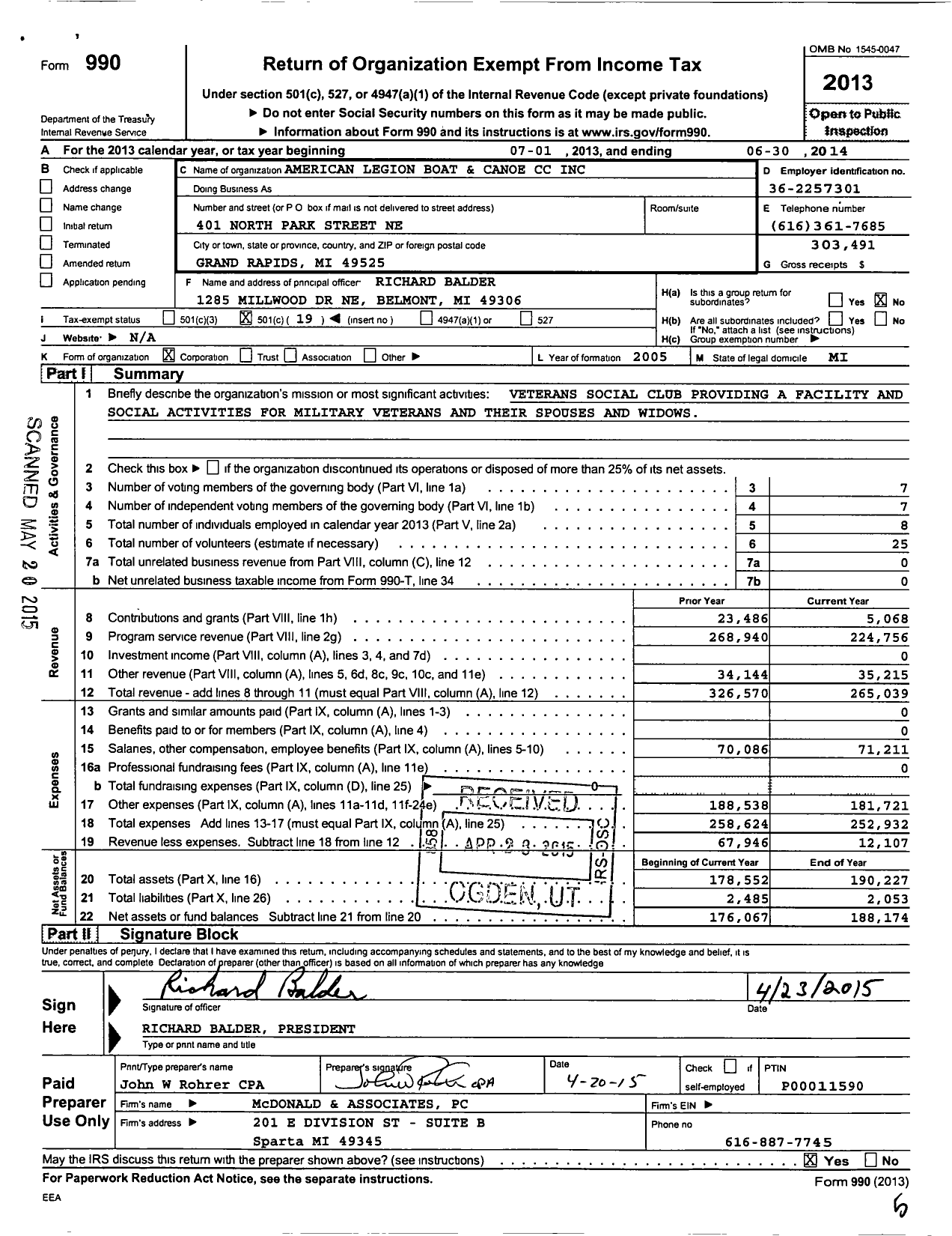 Image of first page of 2013 Form 990O for The American Legion Boat and Canoe Club Council in