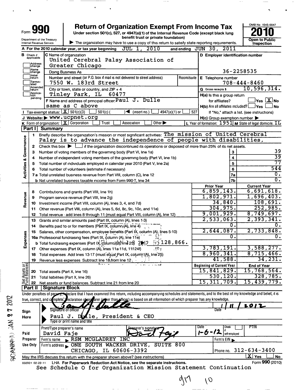 Image of first page of 2010 Form 990 for United Cerebral Palsy Association of Greater Chicago