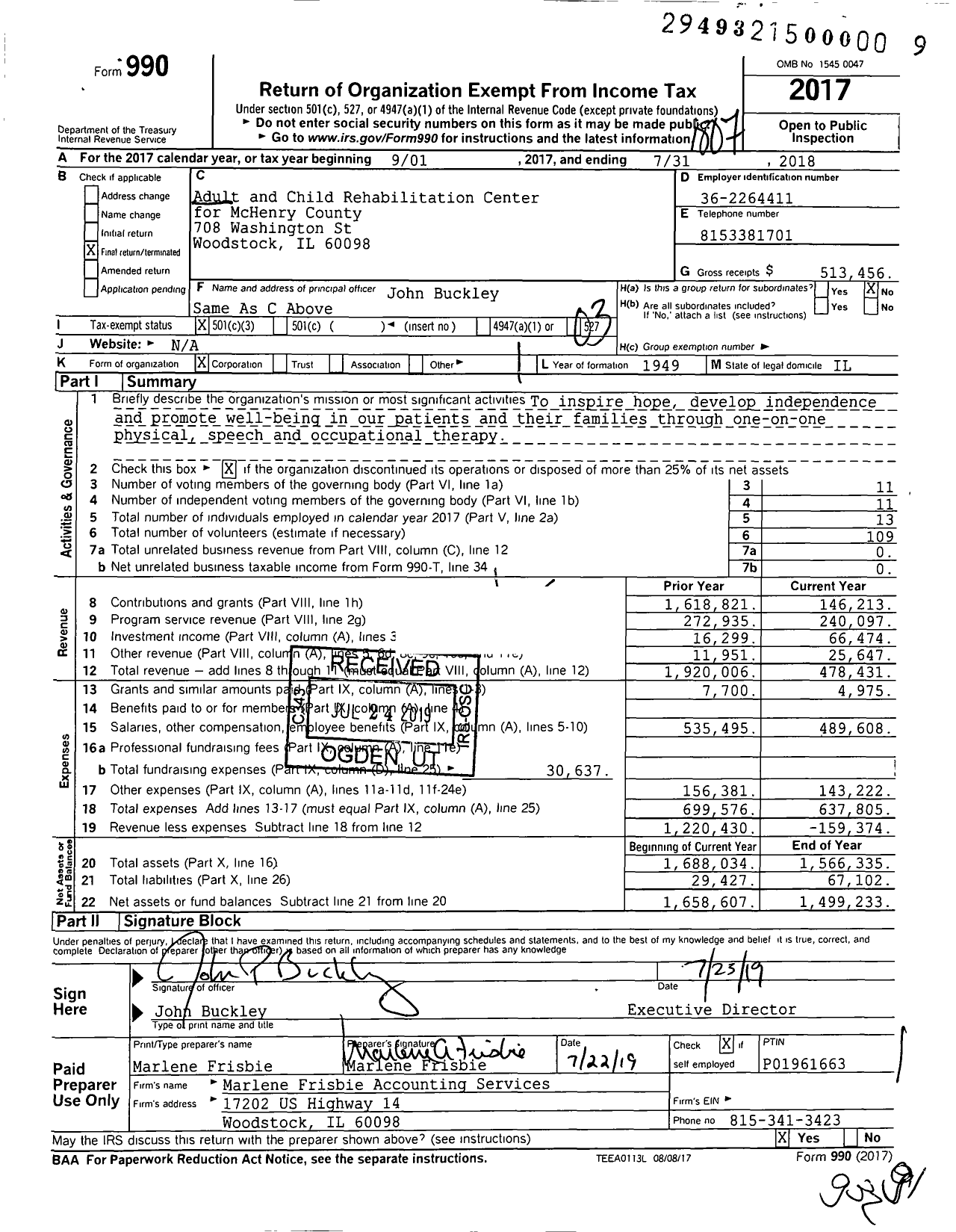 Image of first page of 2017 Form 990 for Adult and Child Rehabilitation Center for McHenry County