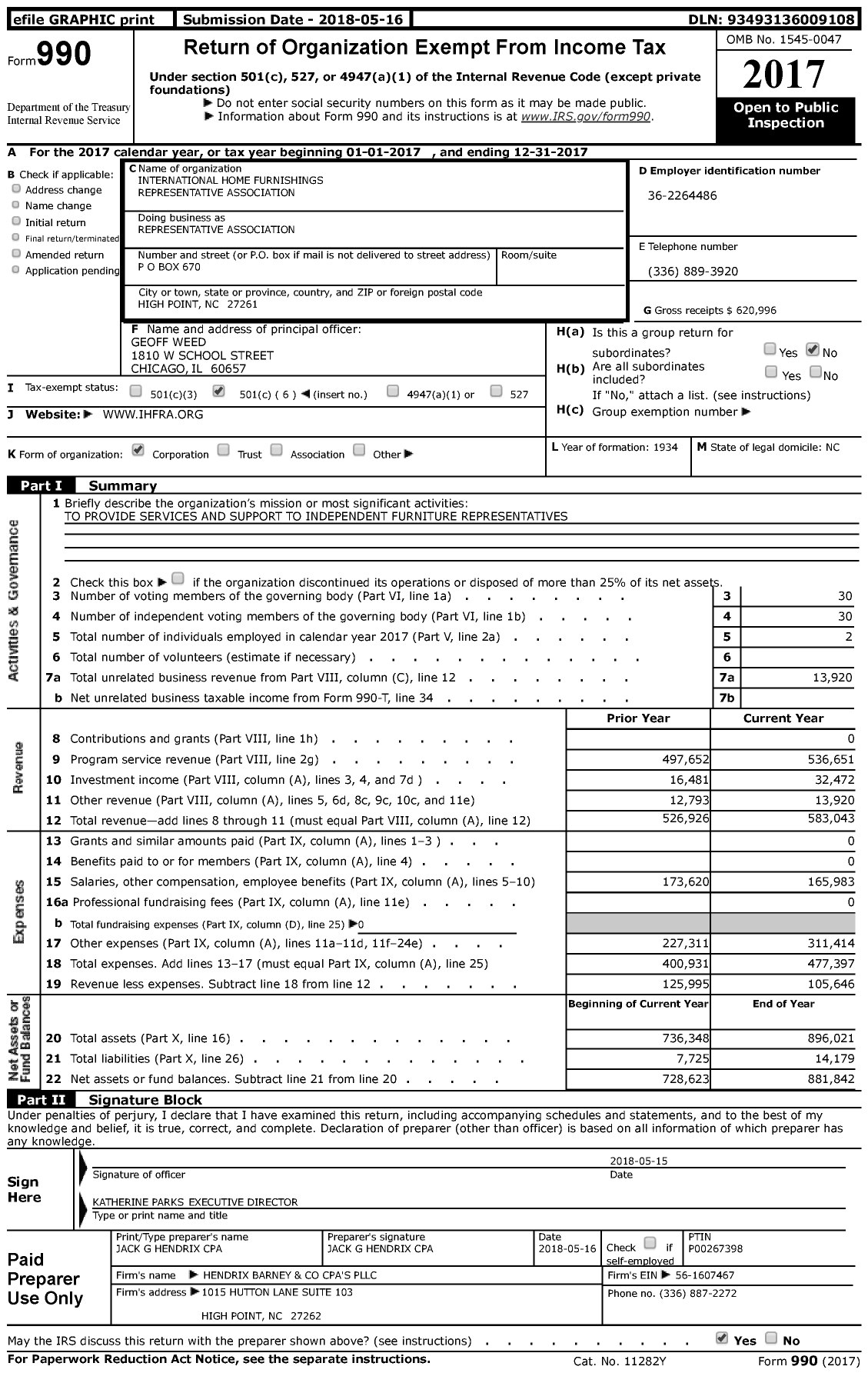 Image of first page of 2017 Form 990 for International Home Furnishings Representative Association