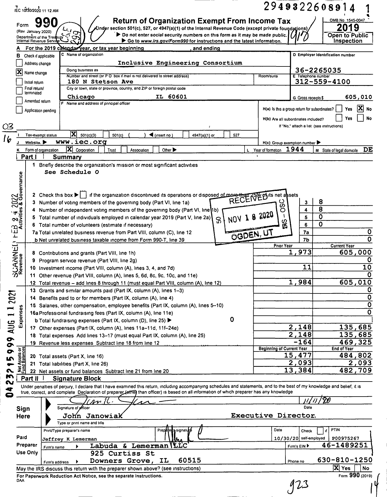 Image of first page of 2019 Form 990 for Inclusive Engineering Consortium