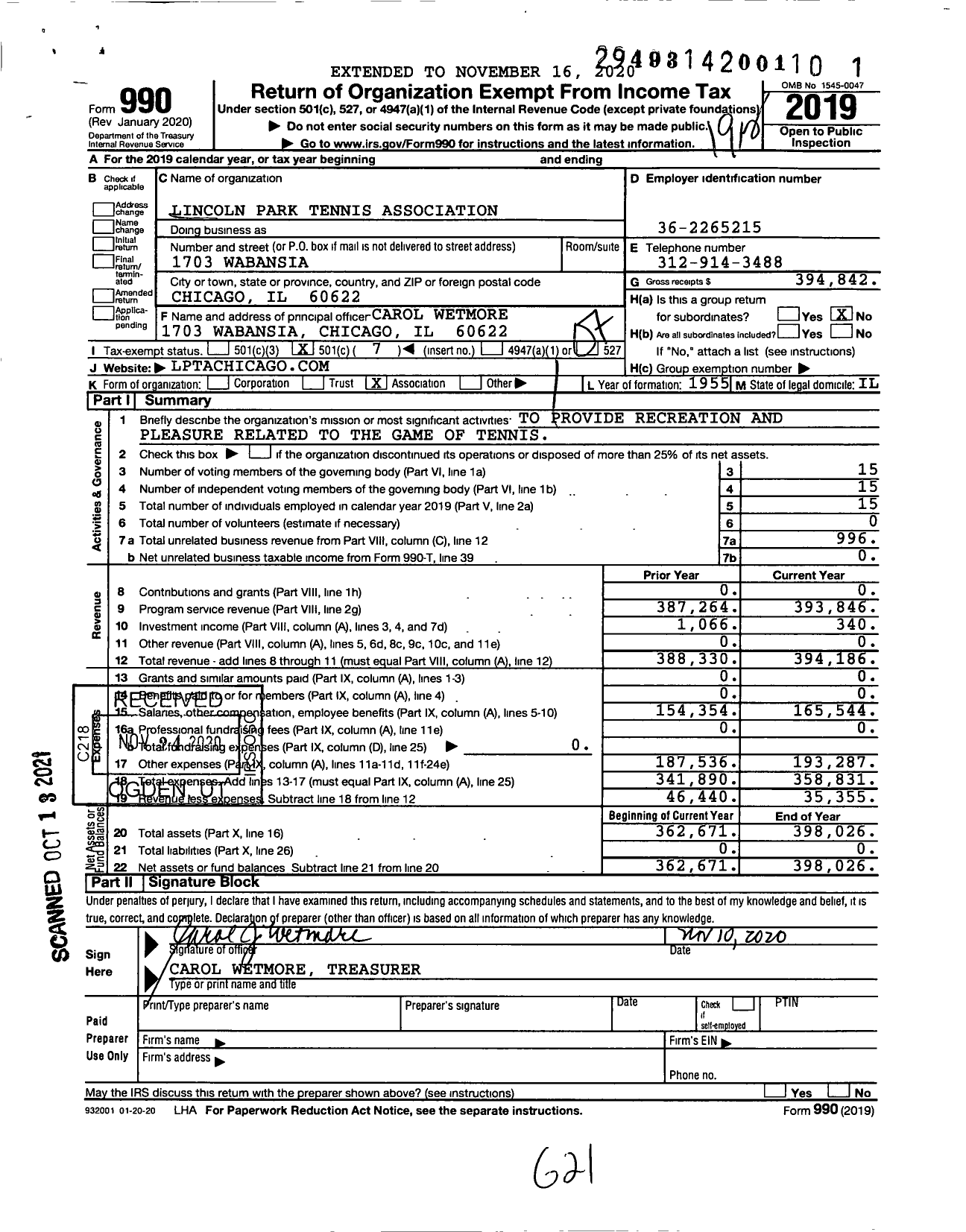 Image of first page of 2019 Form 990O for Lincoln Park Tennis Association