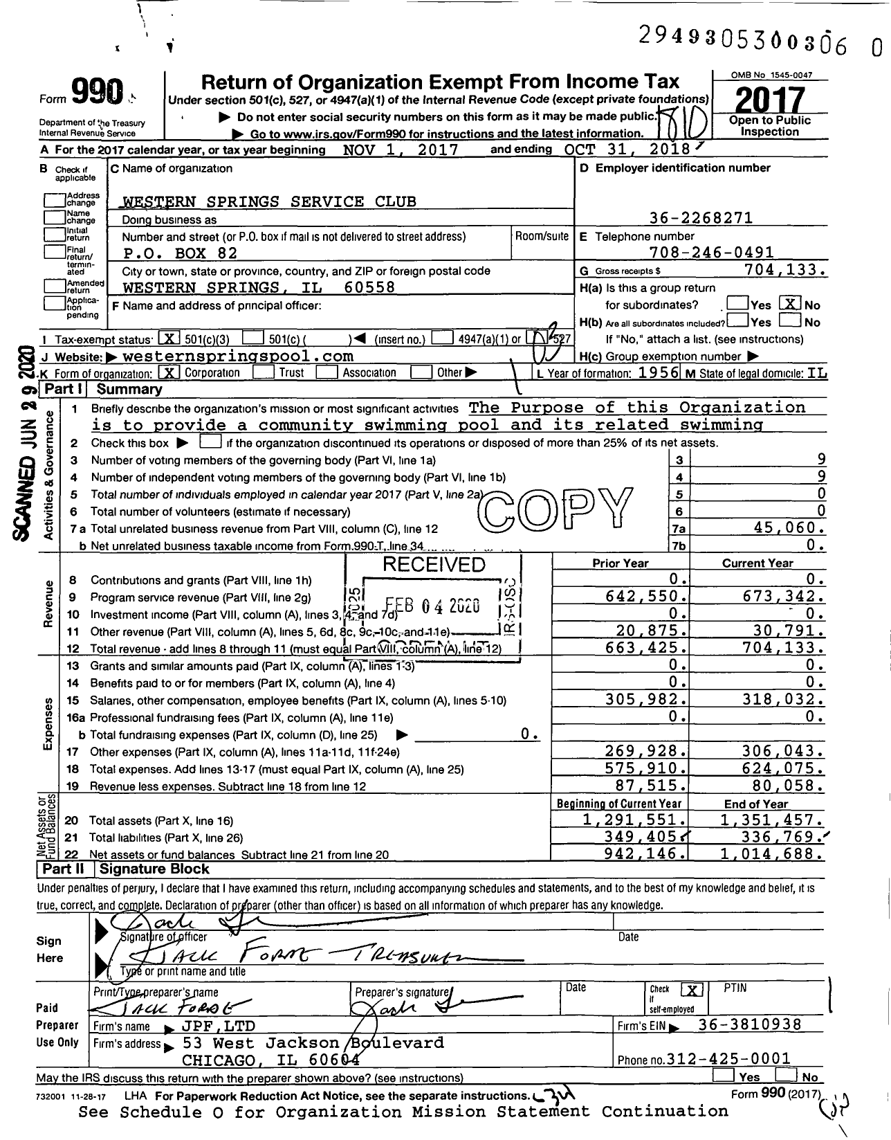 Image of first page of 2017 Form 990 for Western Springs Service Club