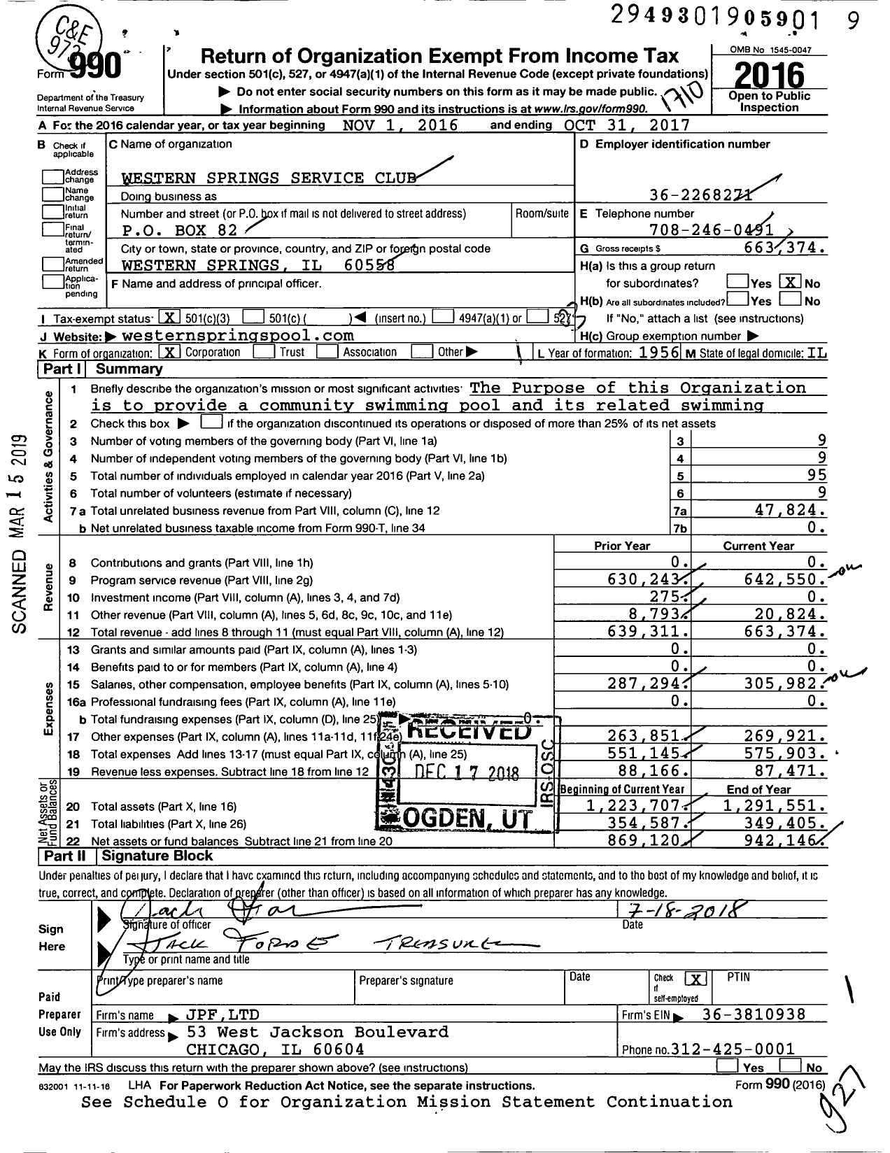 Image of first page of 2016 Form 990 for Western Springs Service Club