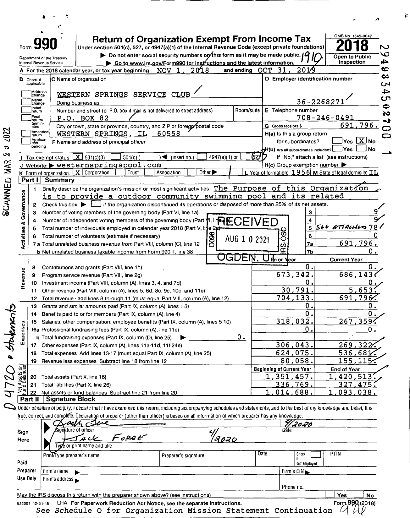 Image of first page of 2018 Form 990 for Western Springs Service Club