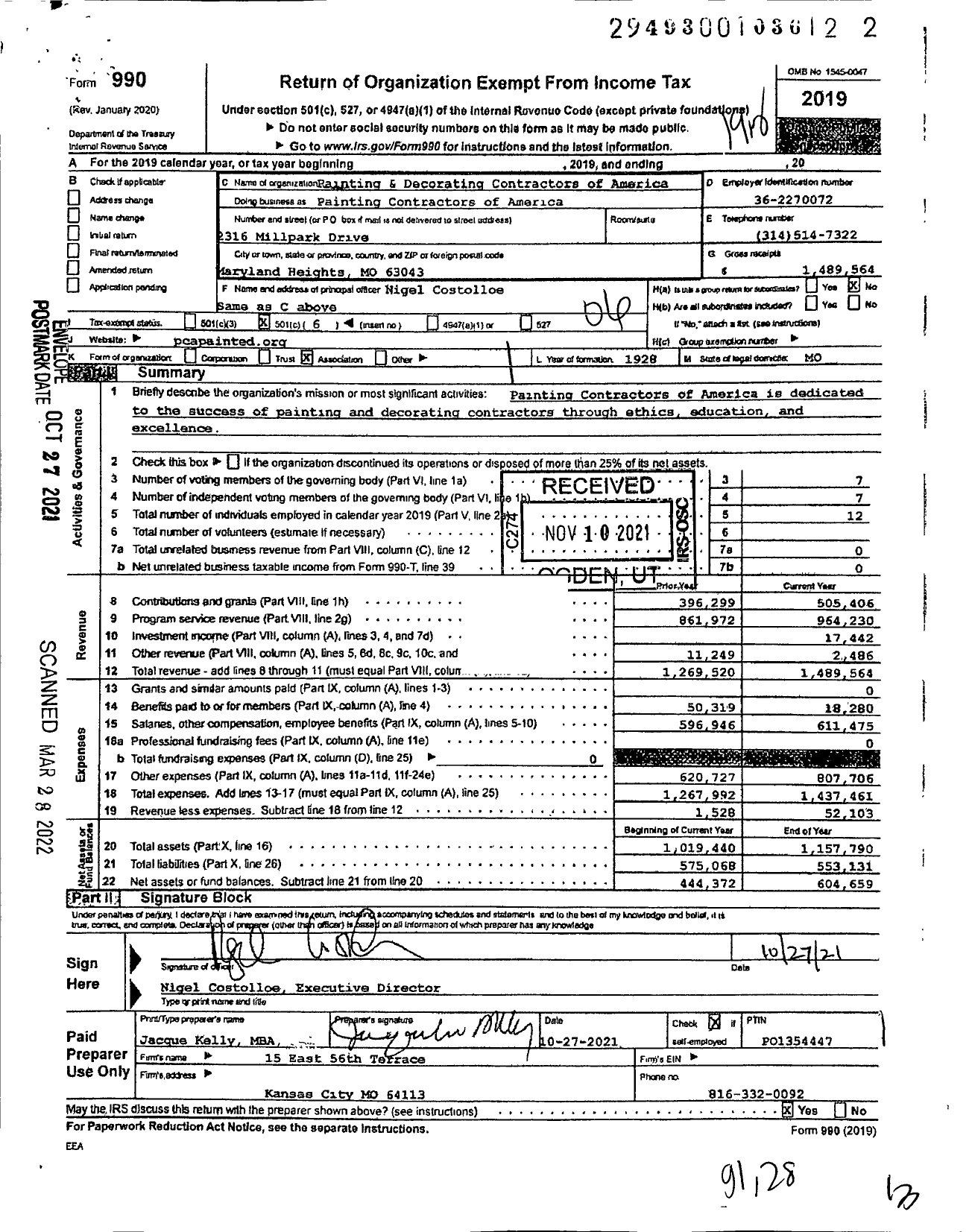 Image of first page of 2019 Form 990O for Painting and Decorating Contractors of America (PCA)