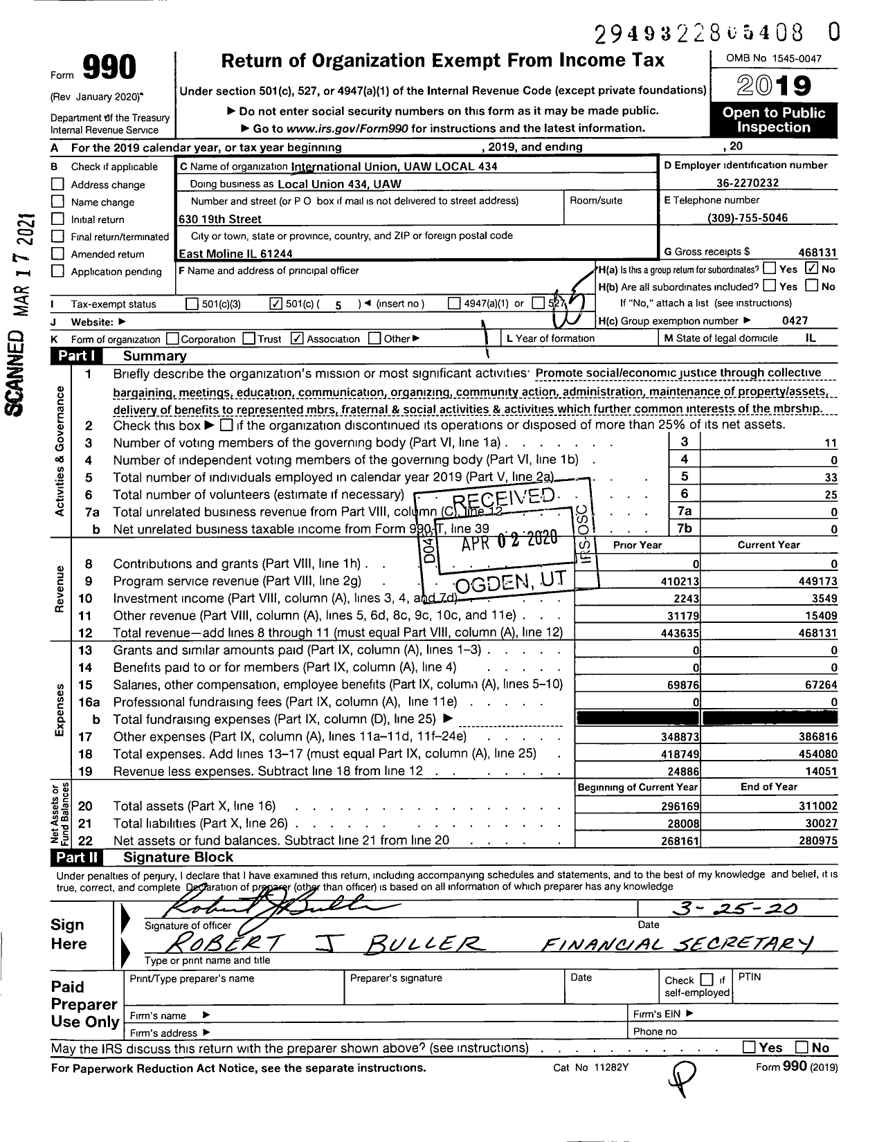 Image of first page of 2019 Form 990O for International Union UAW Local 434