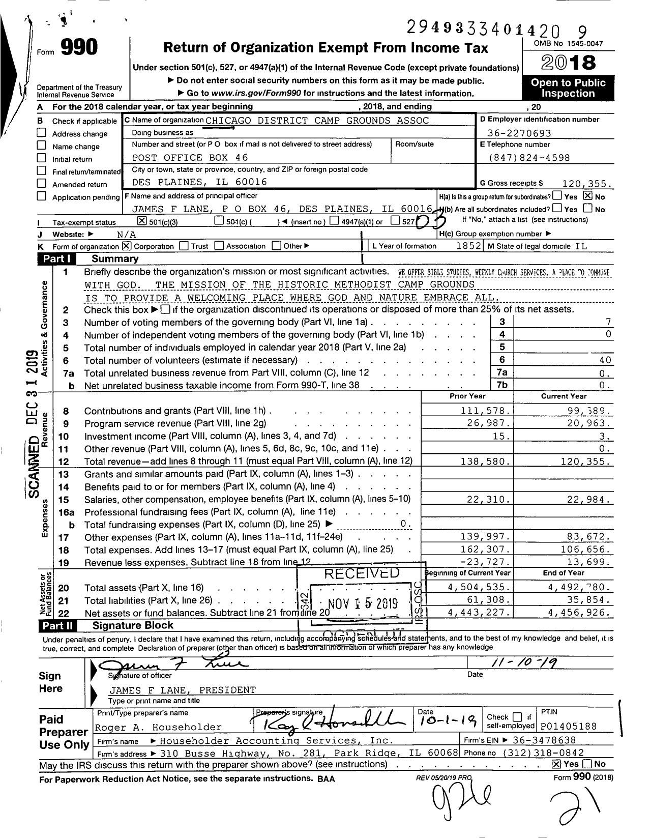 Image of first page of 2018 Form 990 for Chicago District Camp Grounds Association