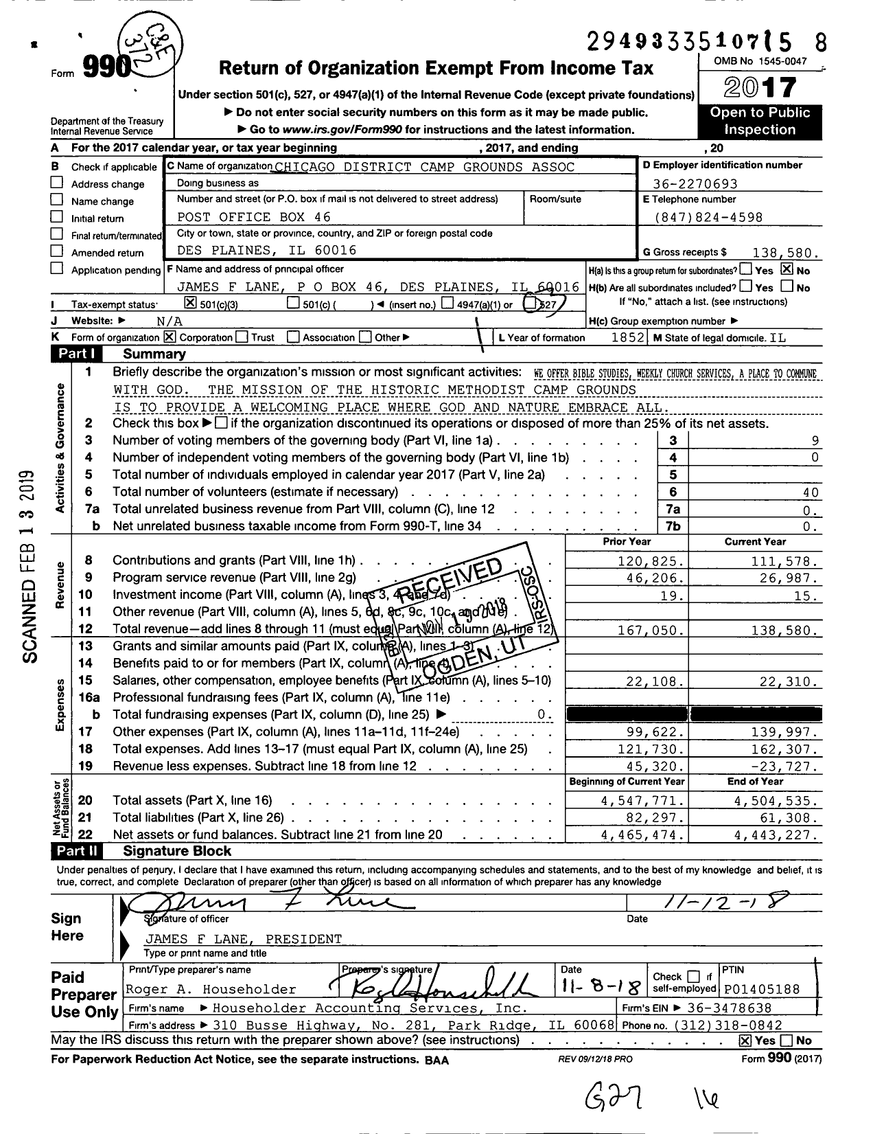 Image of first page of 2017 Form 990 for Chicago District Camp Grounds Association