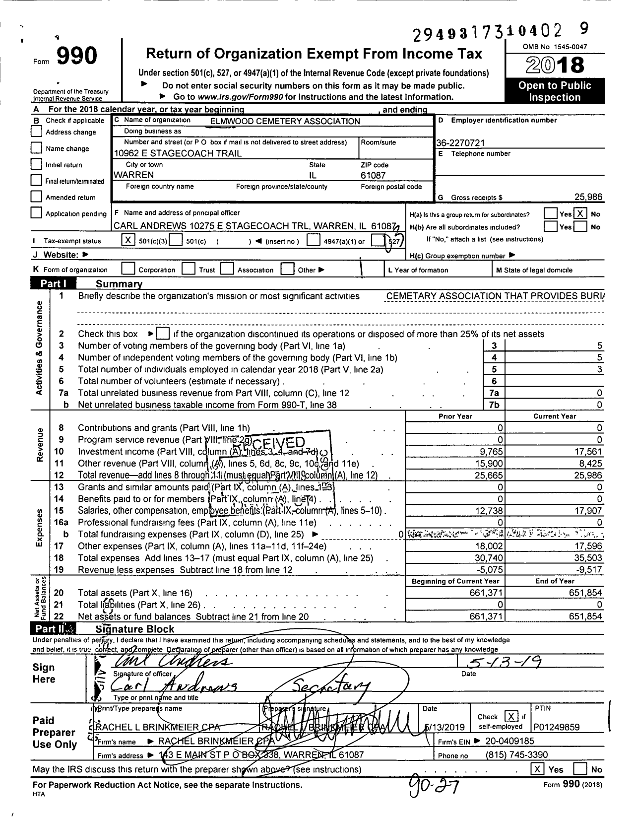 Image of first page of 2018 Form 990 for Elmwood Cemetery Association