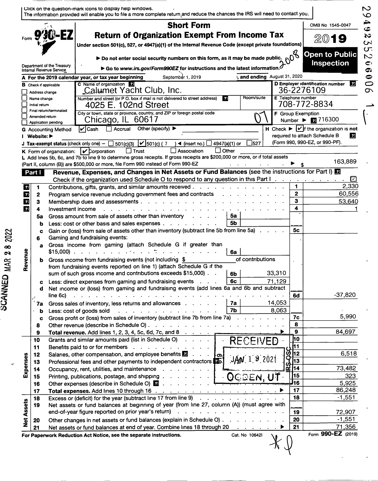 Image of first page of 2019 Form 990EO for Calumet Yacht Club