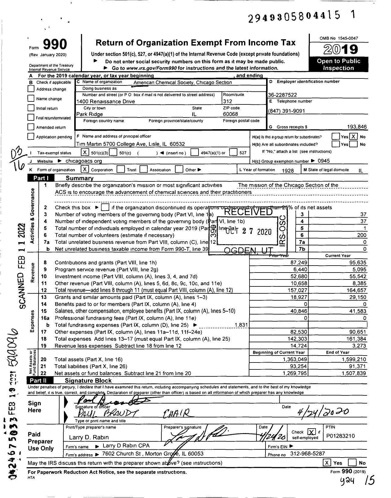 Image of first page of 2019 Form 990 for American Chemical Society - Chicago Section