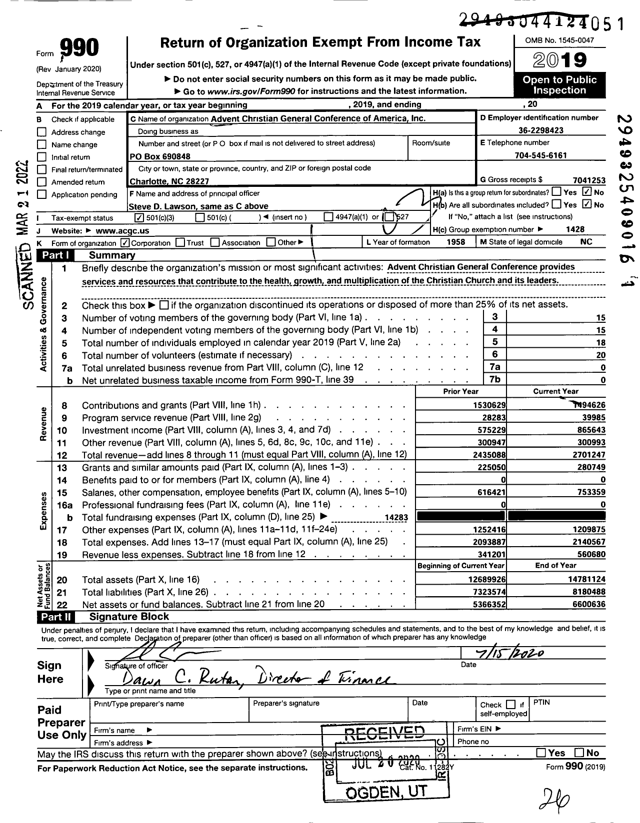 Image of first page of 2019 Form 990 for Advent Christian General Conference of America