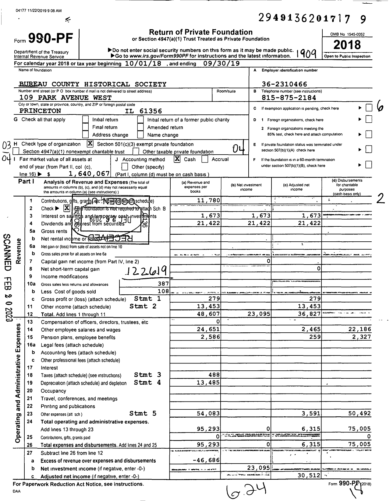 Image of first page of 2018 Form 990PR for Bureau County Historical Society