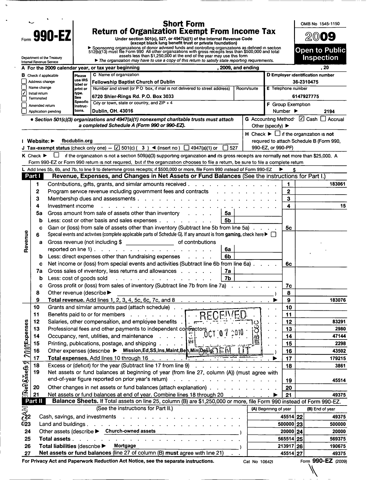 Image of first page of 2009 Form 990EZ for General Association of Regular Baptist Churches