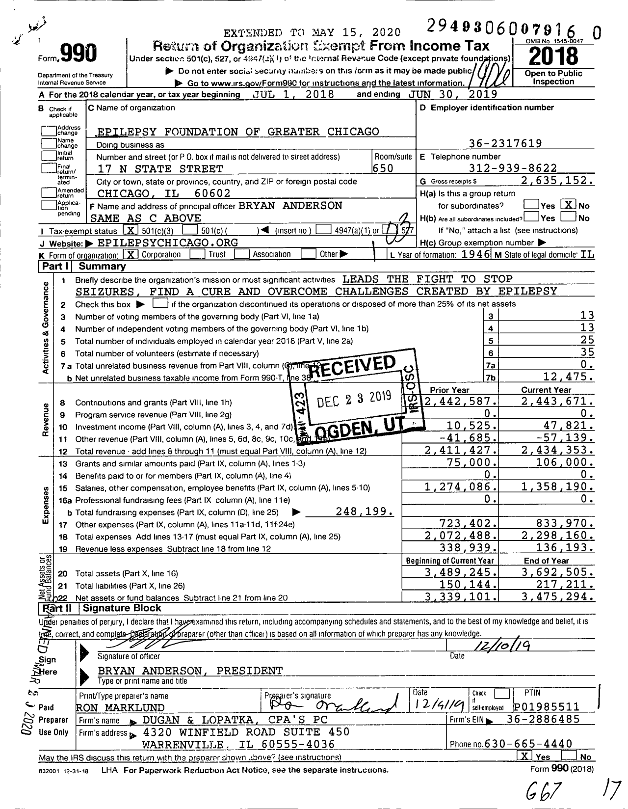 Image of first page of 2018 Form 990 for Epilepsy Foundation of Greater Chicago