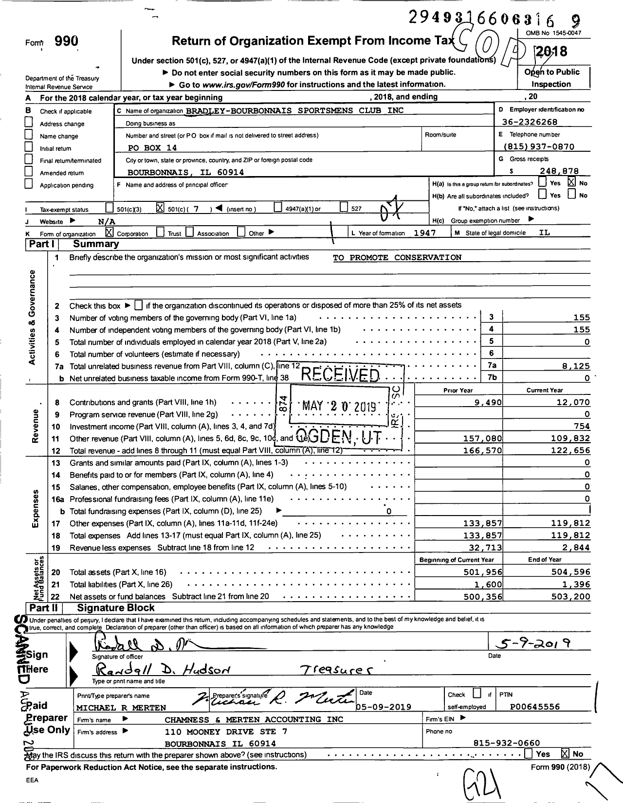 Image of first page of 2018 Form 990O for Bradley-Bourbonnais Sportsmens Club