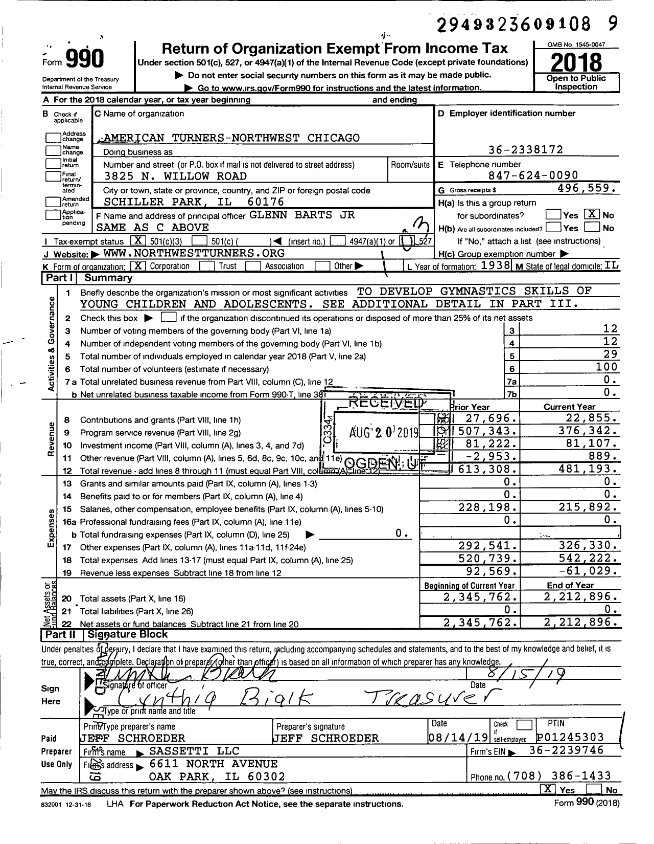 Image of first page of 2018 Form 990 for American Turners-Northwest Chicago