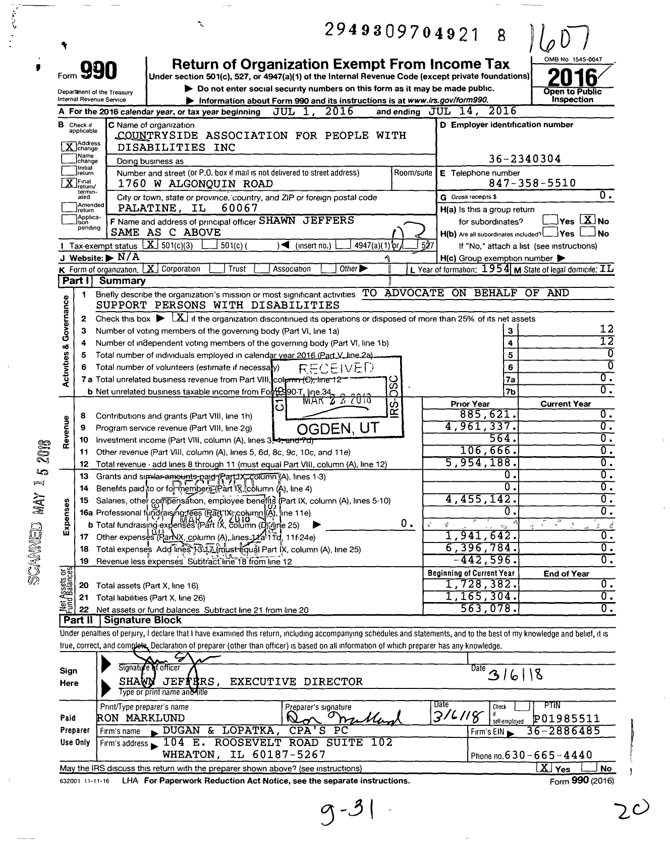 Image of first page of 2015 Form 990 for Countryside Association for People with Disabilities