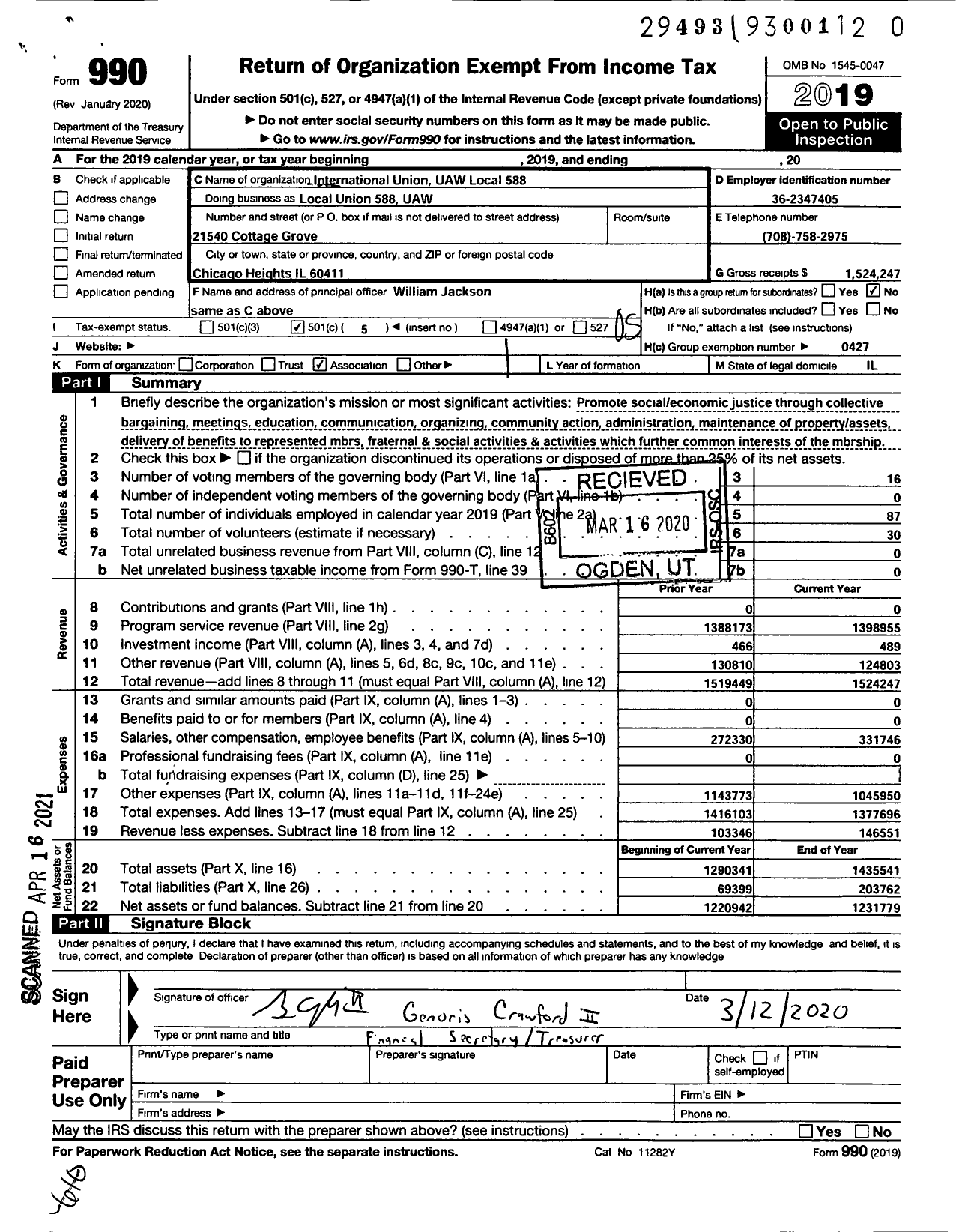 Image of first page of 2019 Form 990O for UAW - International Union UAW Local 588