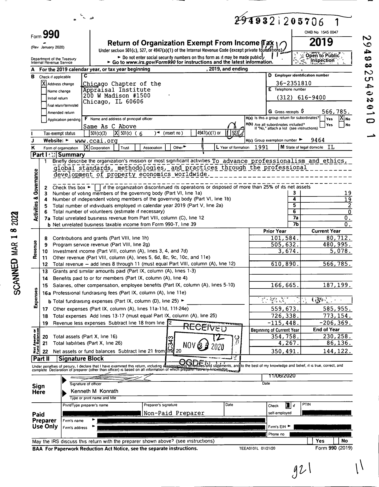 Image of first page of 2019 Form 990O for Chicago Chapter of the Appraisal Institute (CCAI)