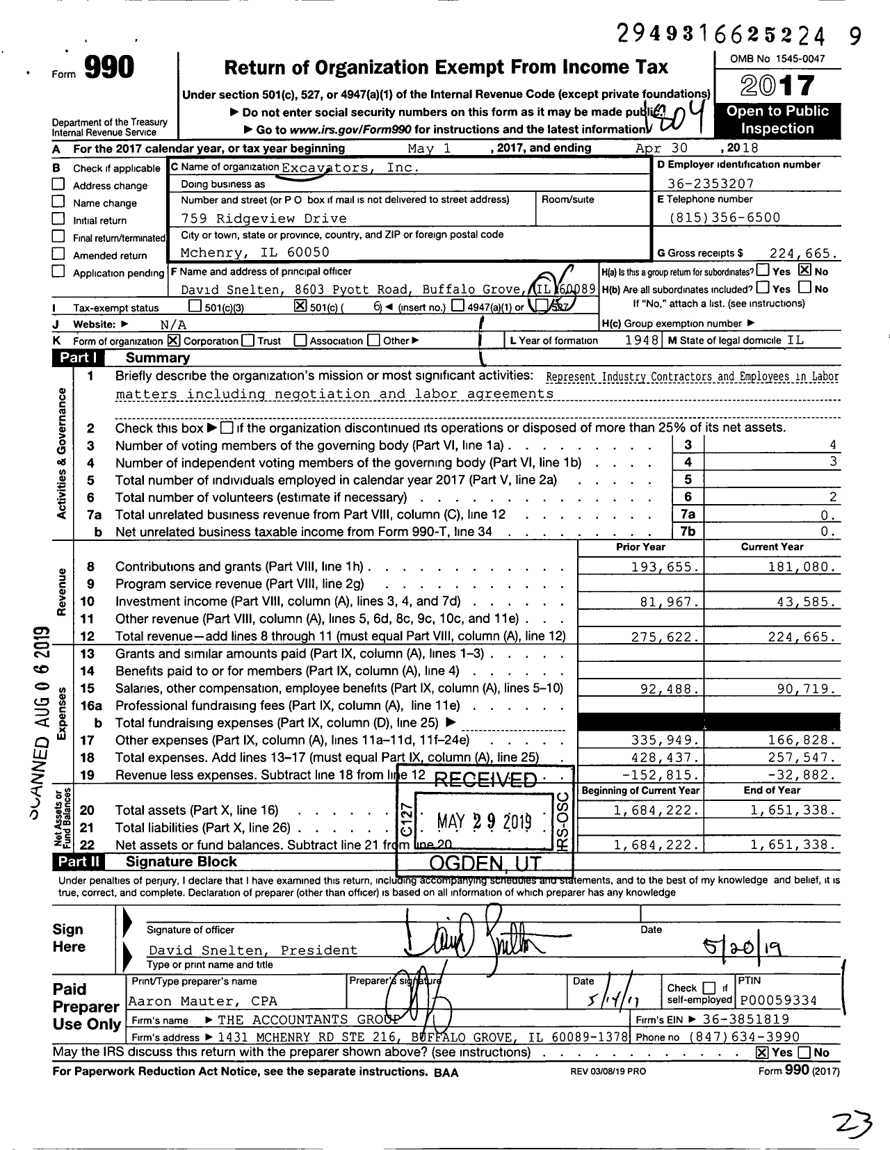 Image of first page of 2017 Form 990O for Excavators