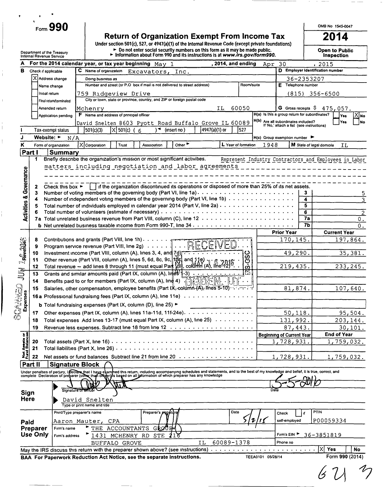 Image of first page of 2014 Form 990O for Excavators