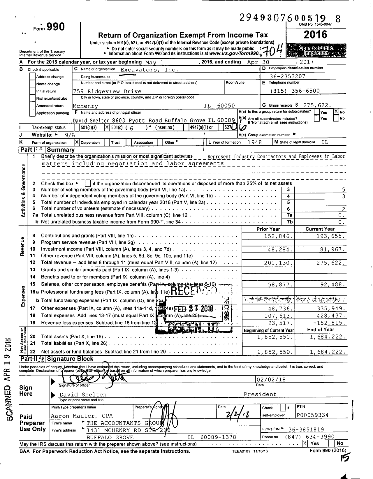 Image of first page of 2016 Form 990O for Excavators