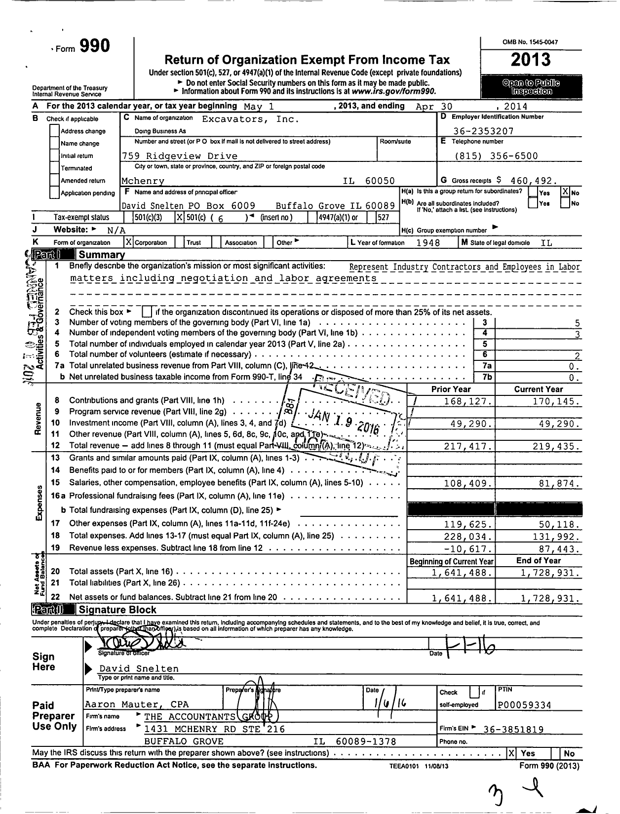 Image of first page of 2013 Form 990O for Excavators