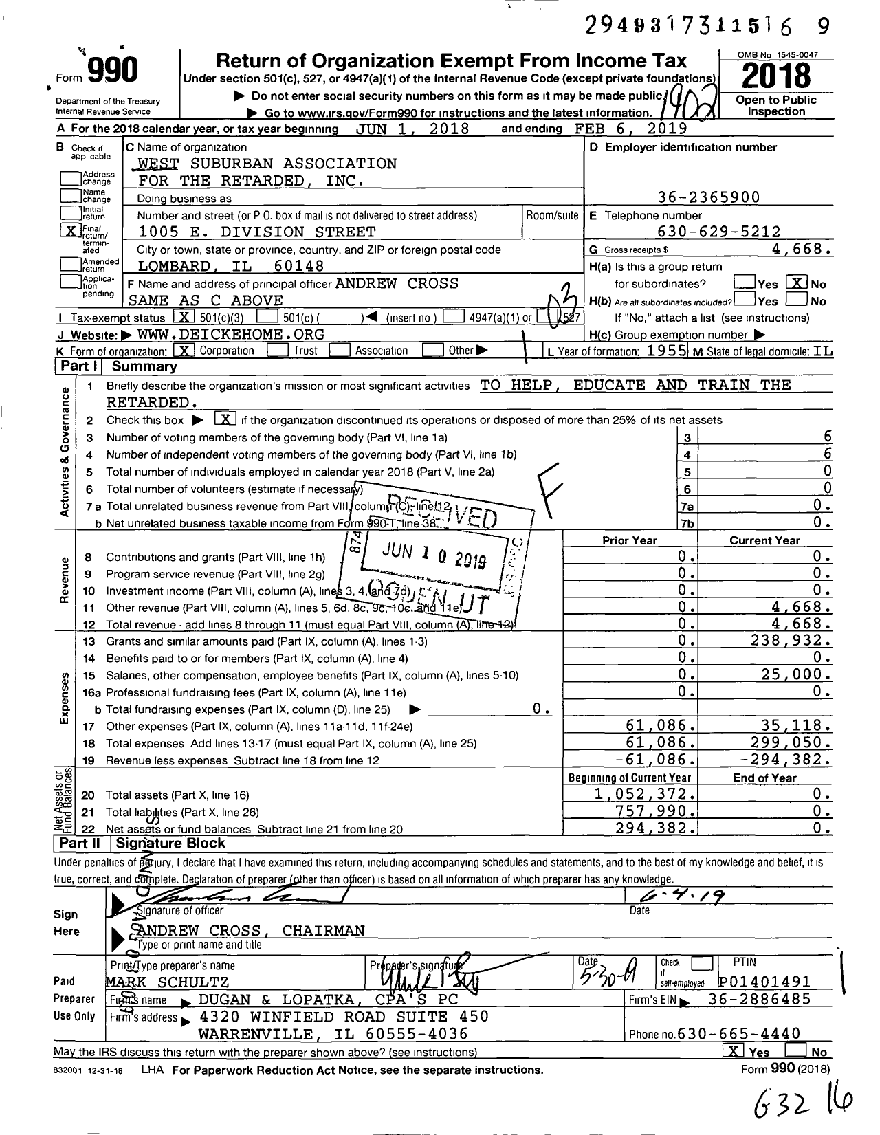 Image of first page of 2018 Form 990 for West Suburban Association for the Retarded