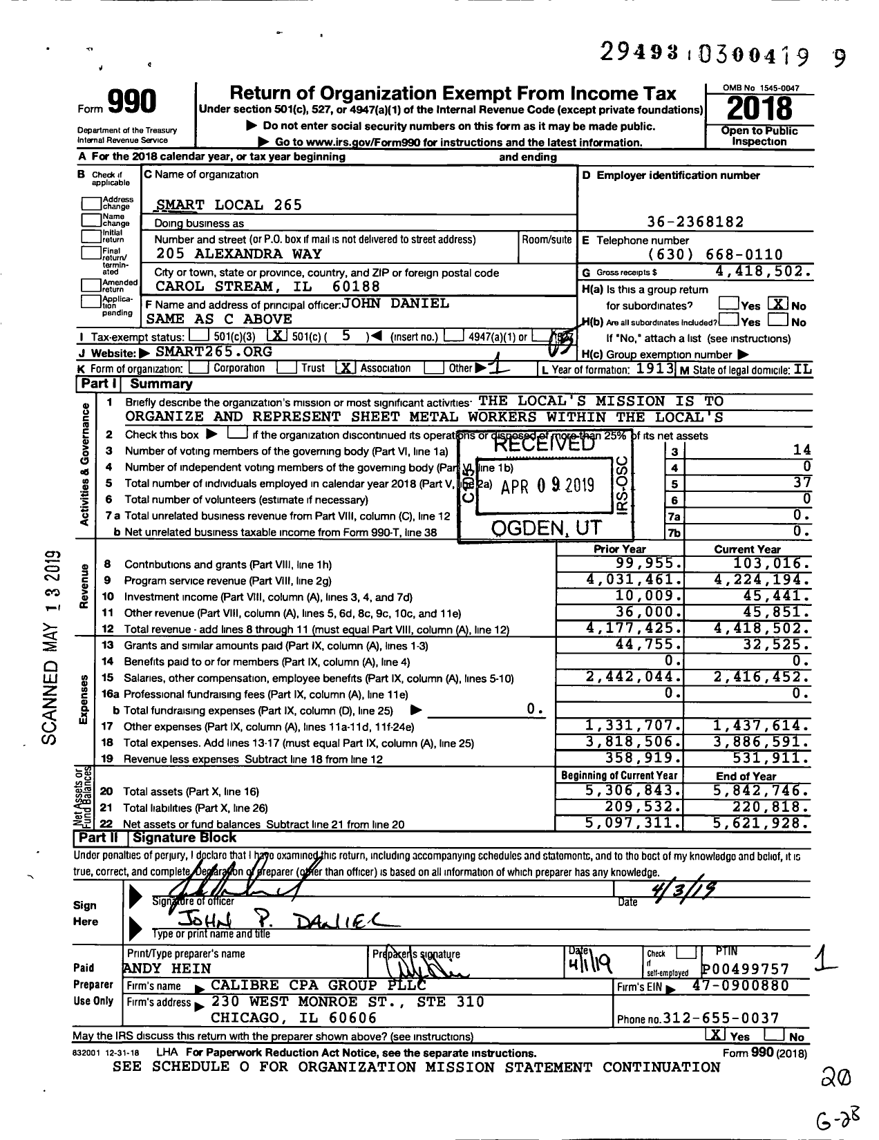 Image of first page of 2018 Form 990O for Smart Union - 265 SM