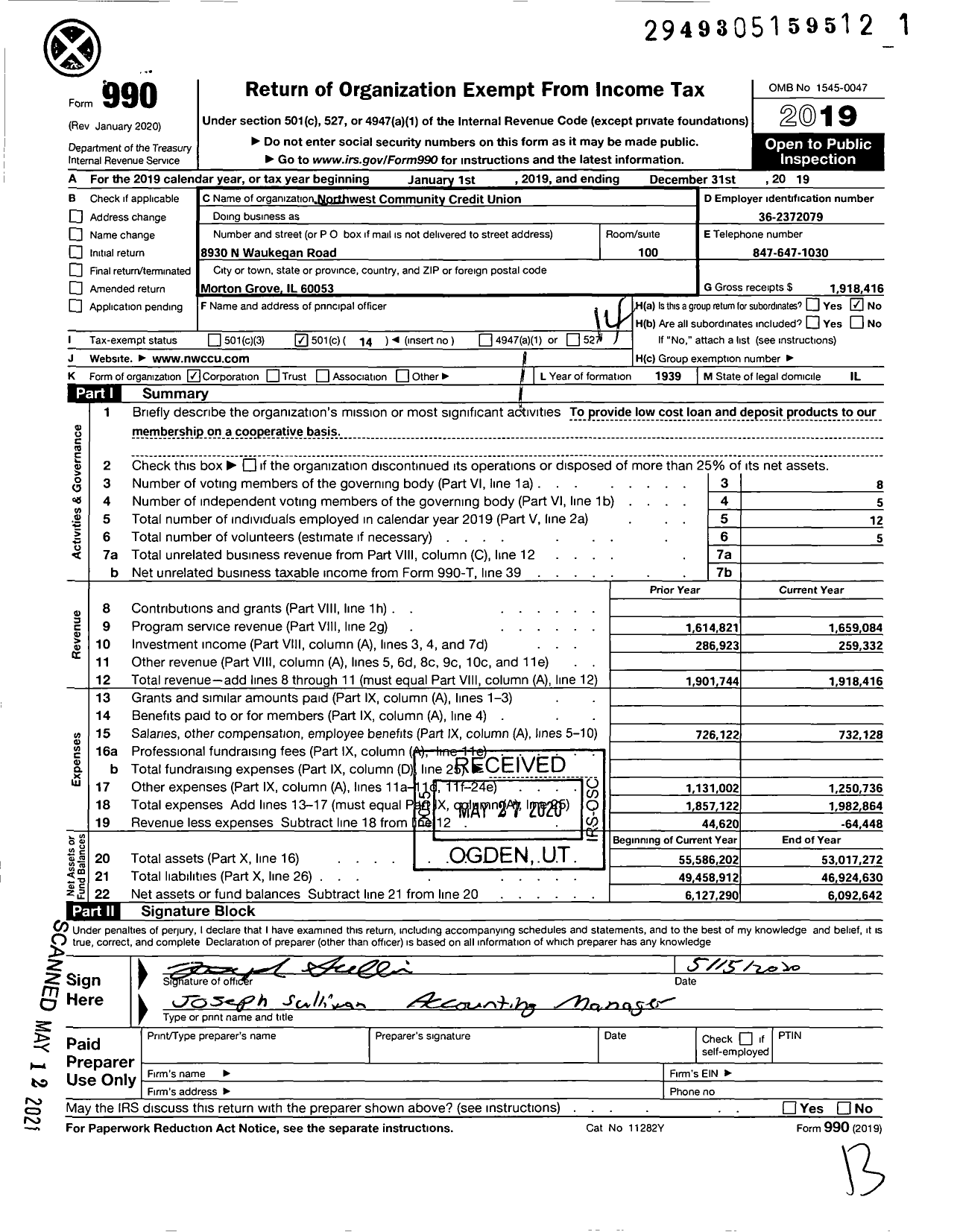 Image of first page of 2019 Form 990O for Northwest Community Credit Union