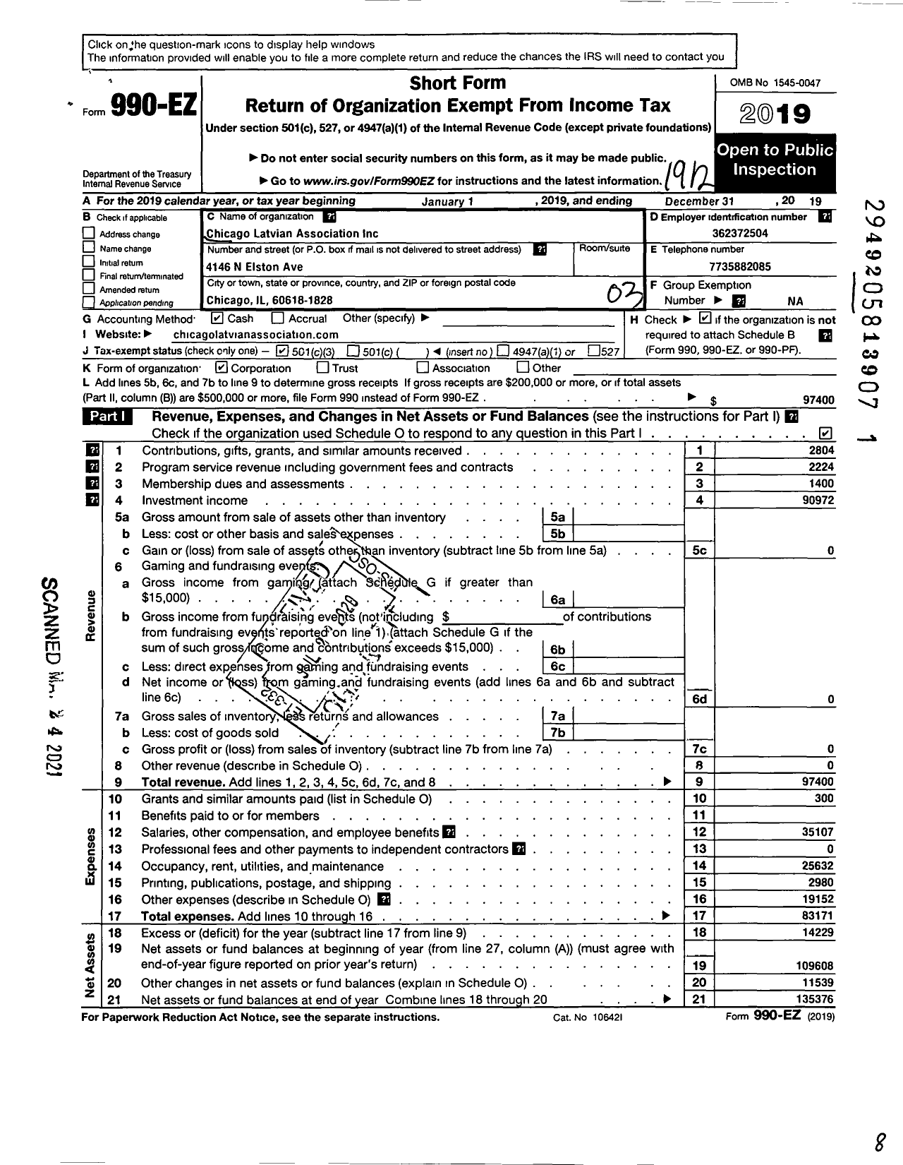 Image of first page of 2019 Form 990EZ for Chicago Latvian Association