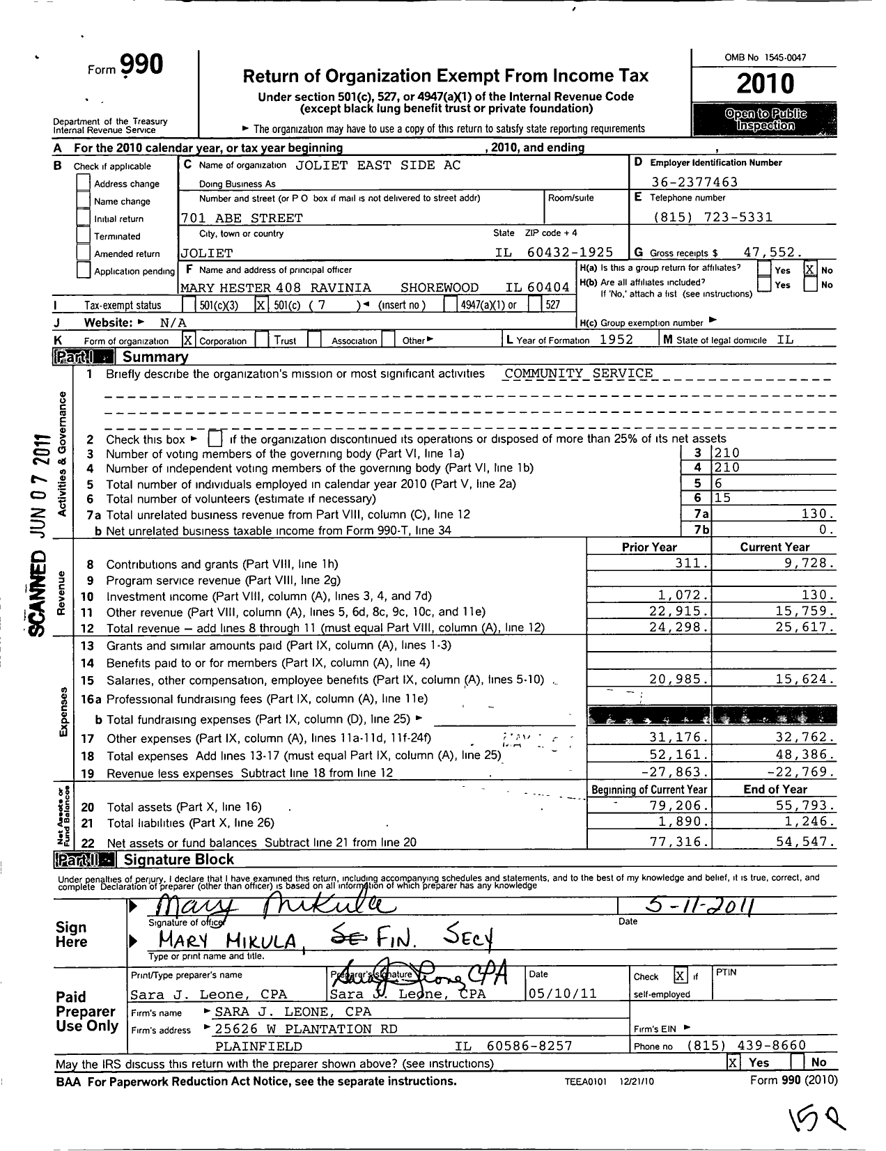 Image of first page of 2010 Form 990O for Joliet Eastside A C