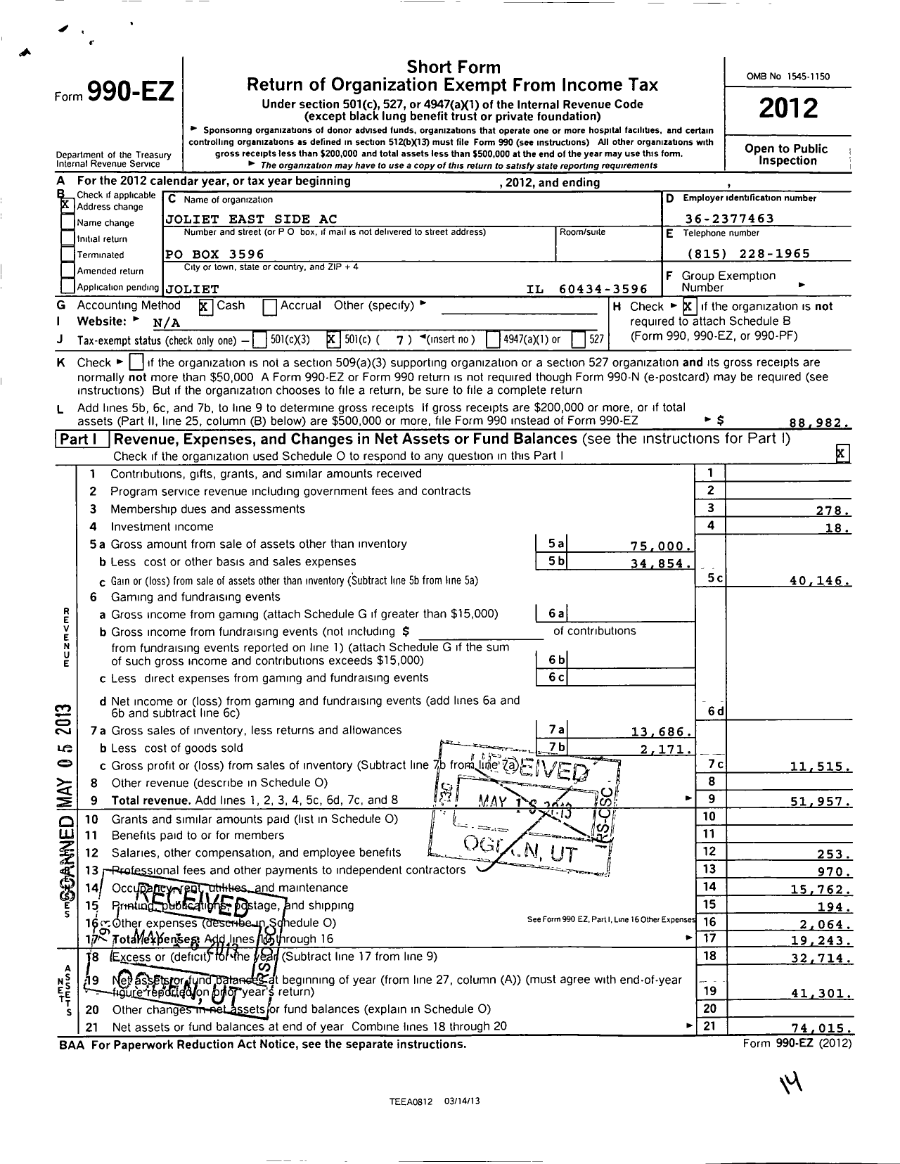 Image of first page of 2012 Form 990EO for Joliet Eastside A C